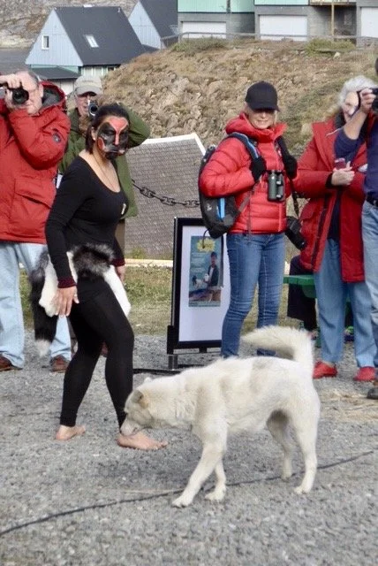 Grønlandsk maskedanser, udenfor, sammen med en grønlandsk slædehund. Krydstogt turister ser på. 
