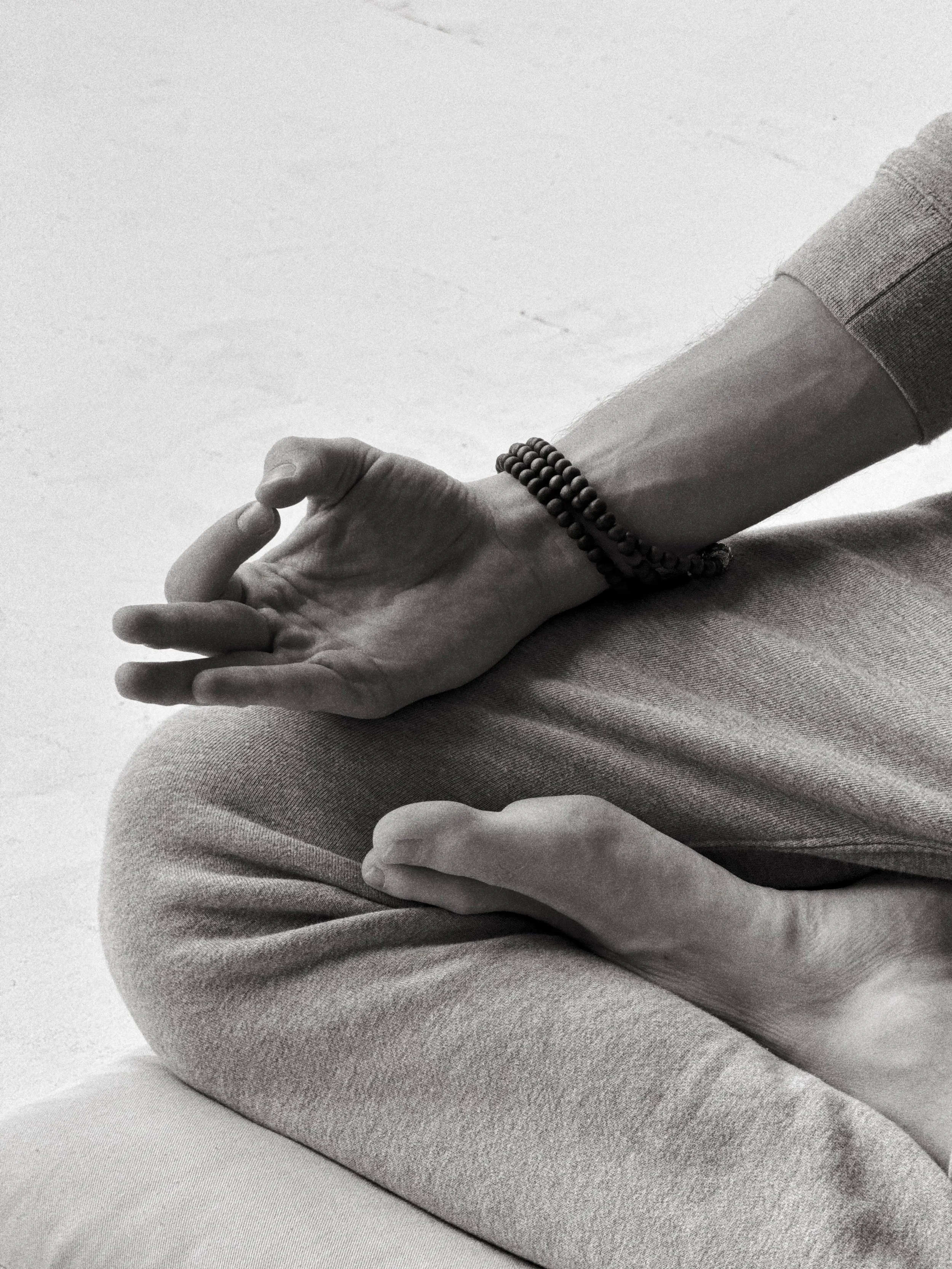 Detail ruky v meditační pozici v klidném prostředí