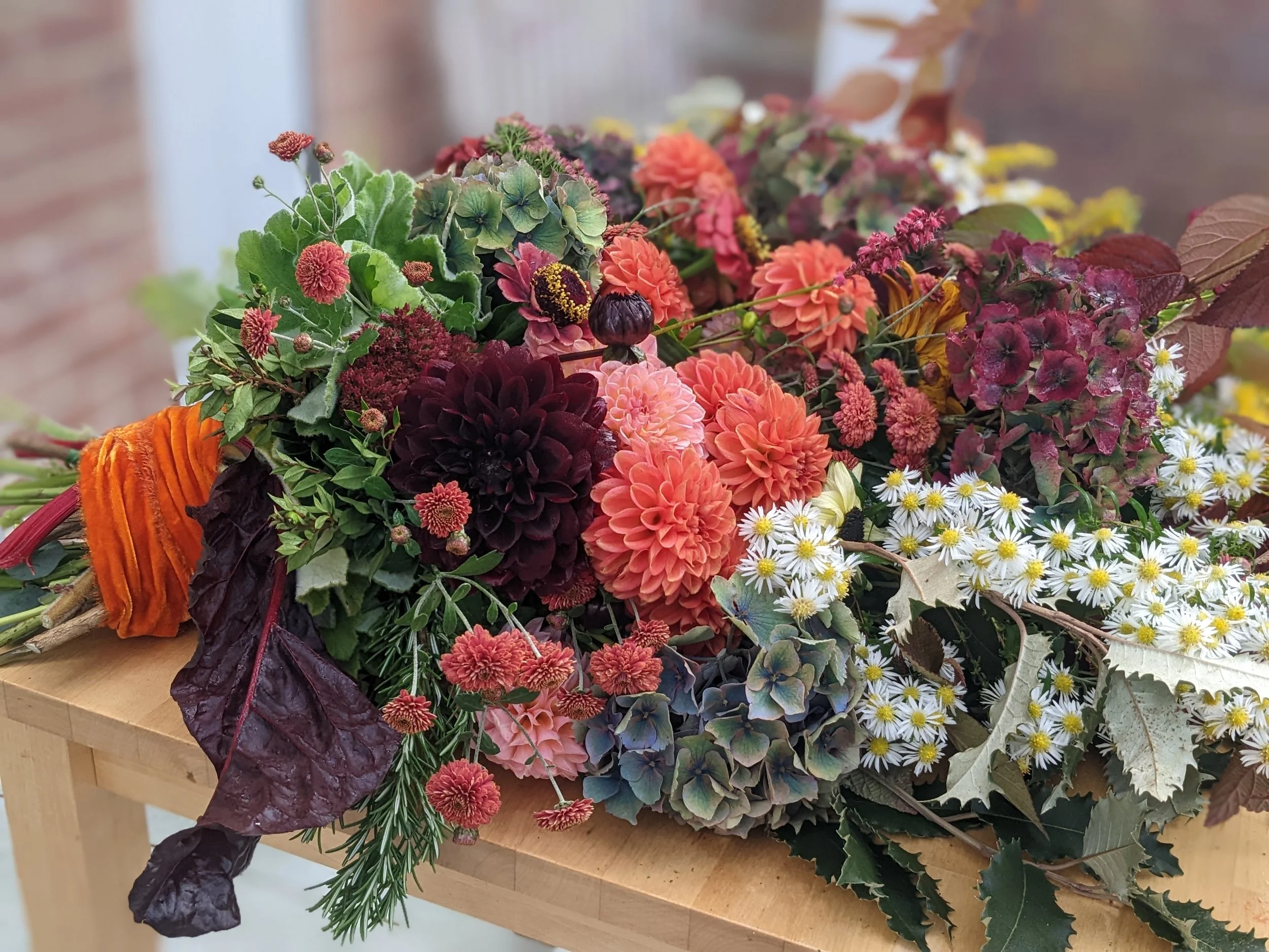 Seasonal farewell flowers arranged with natural Cornish blooms