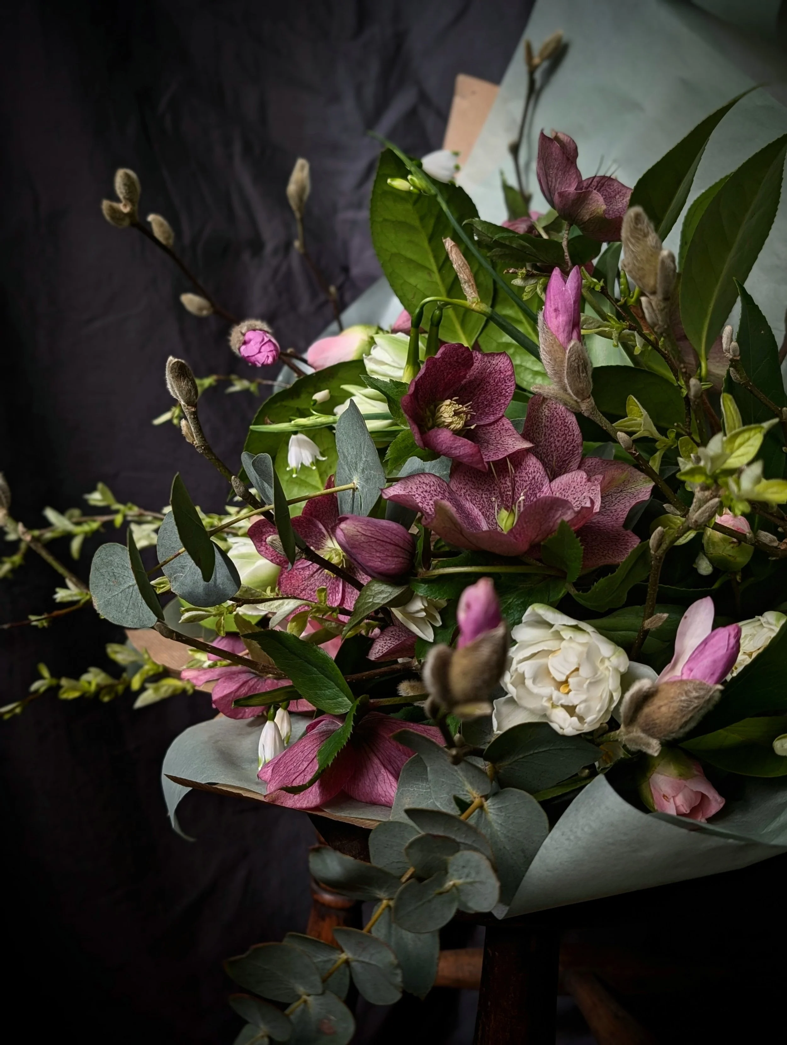 Seasonal hand-tied gift bouquet with garden flowers grown in Cornwall