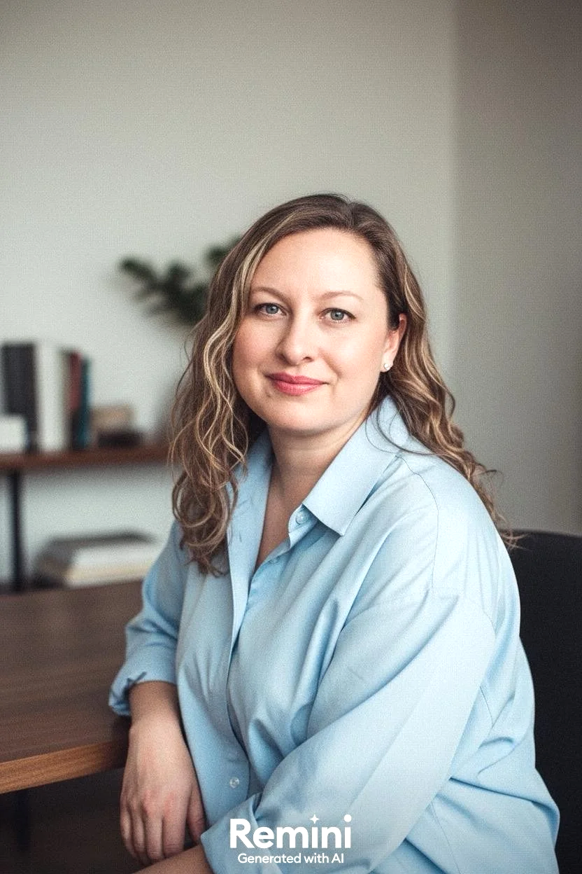 A woman with wavy blonde hair and blue eyes, wearing a light blue button-up shirt, sitting at a wooden desk with a blurred office background.