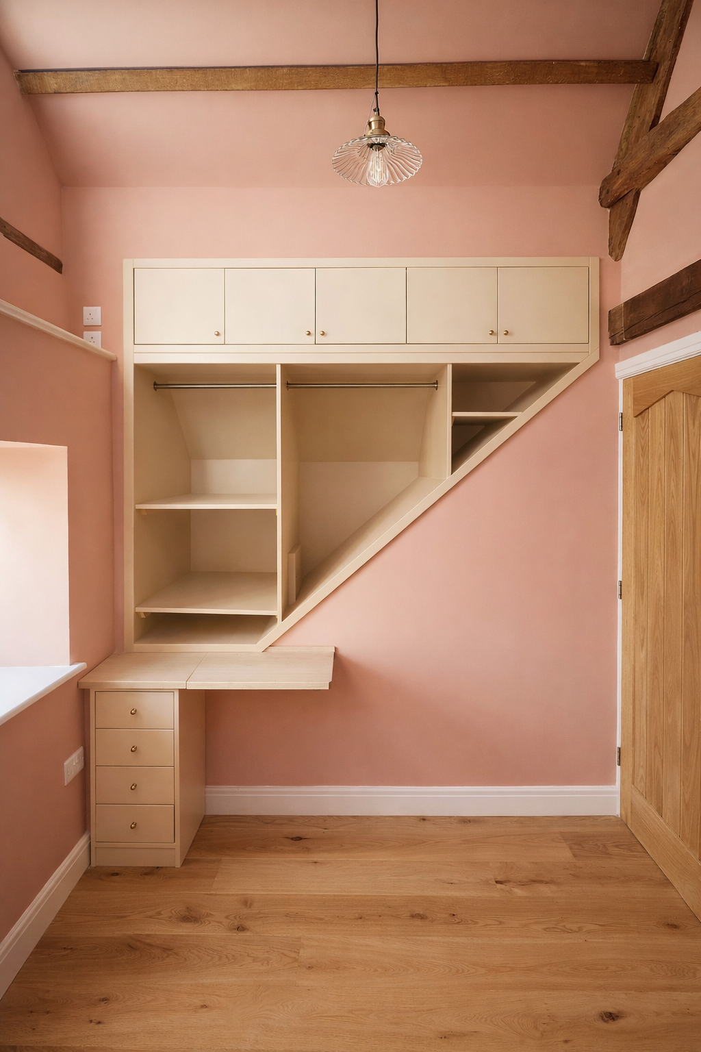 Bedroom joinery with desk and hanging storage above staircase