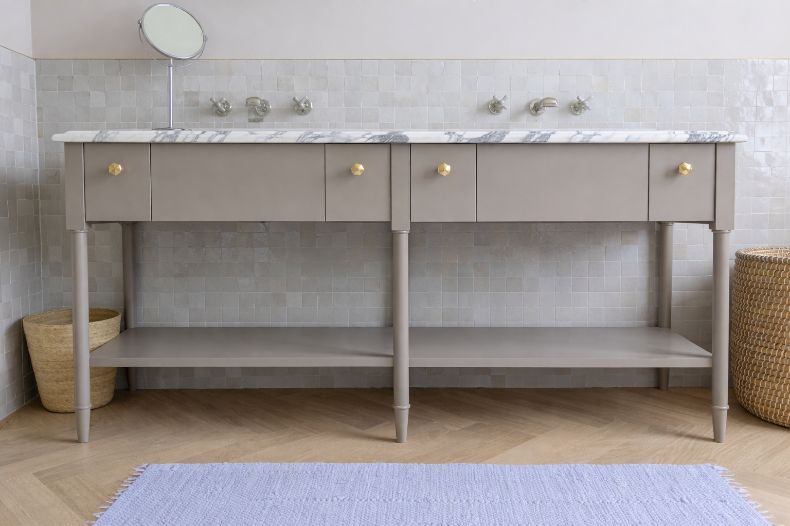 Double bathroom vanity with marble top and open shelf
