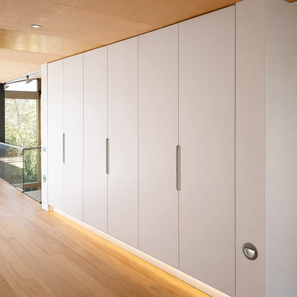 Flush fitted storage with recessed pulls and plinth lighting