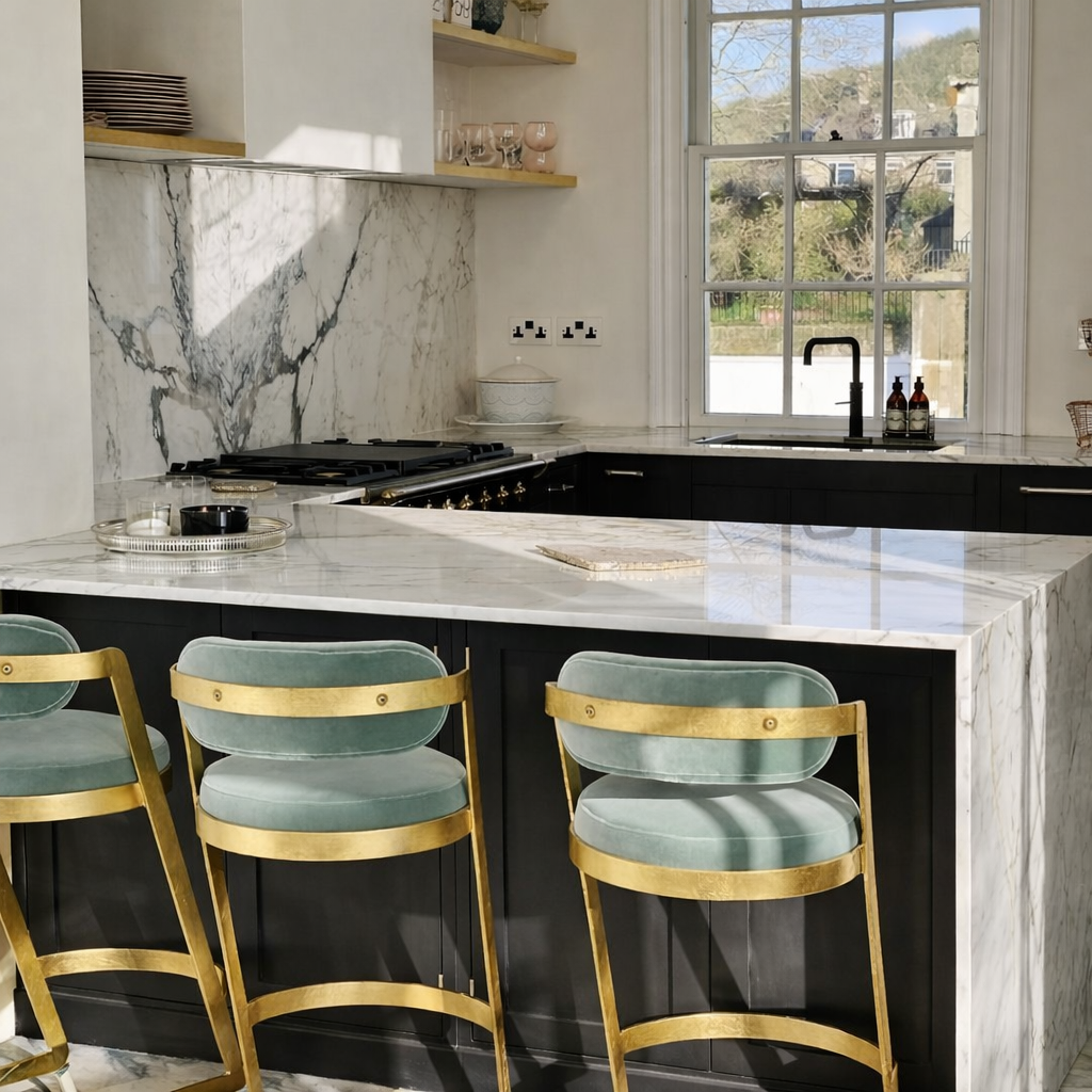 Marble kitchen island with breakfast bar seating