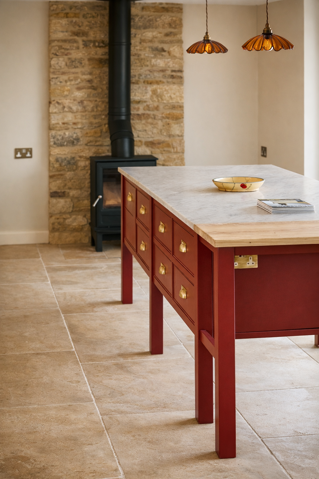 Red kitchen island with solid Ash butcher block and carrara marble worktop