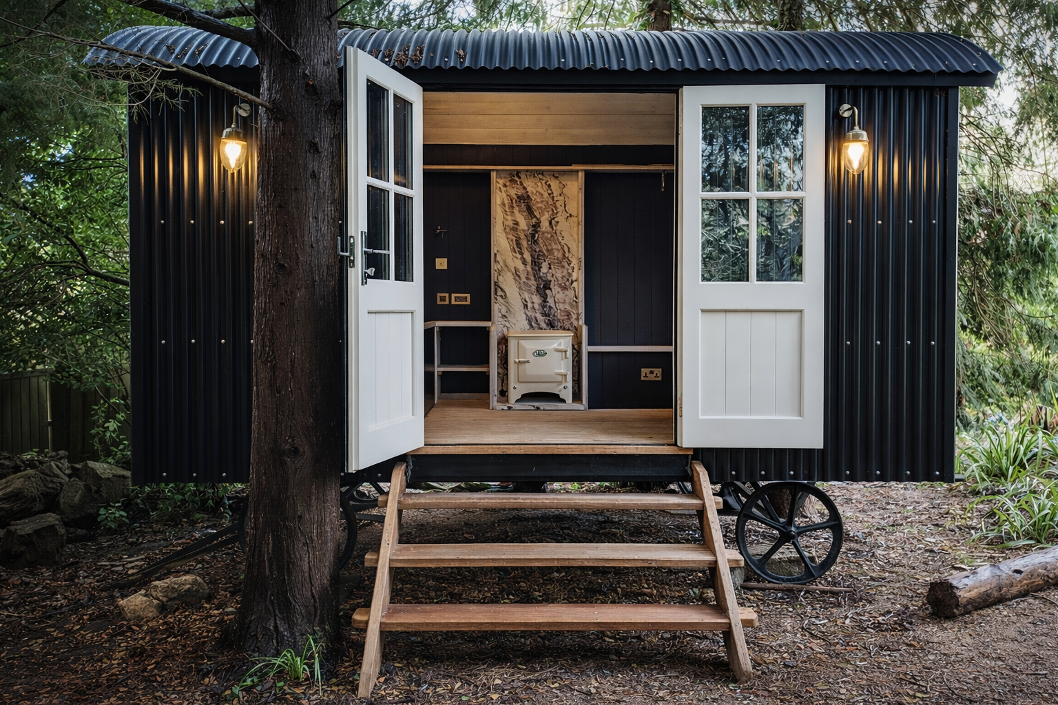 Garden shepherd hut exterior with open doors and marble-lined interior