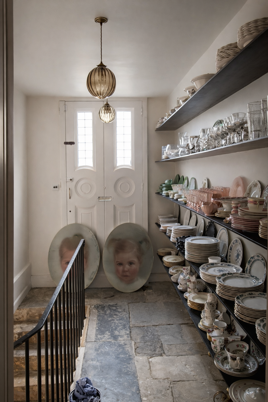 Pantry metal floating shelves with crockery beside stair