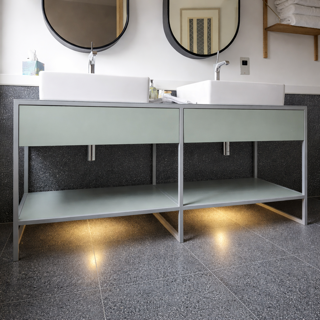 Double bathroom vanity with open shelf and underlighting