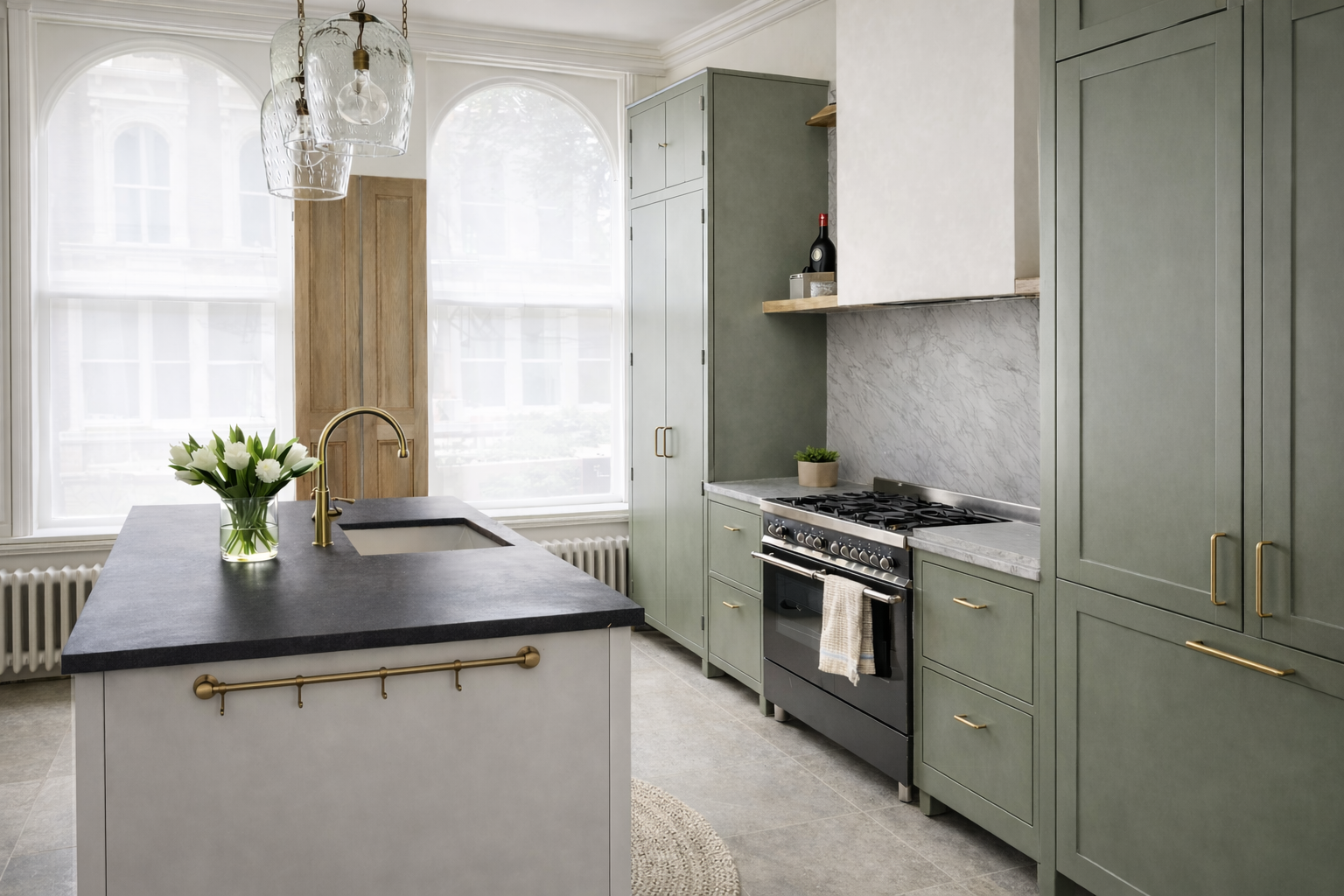 Kitchen with island, tall cabinetry and marble splashback