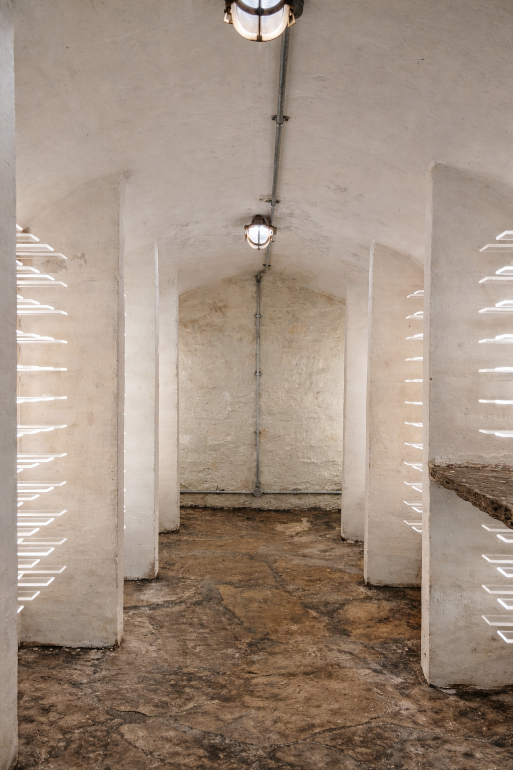 Wine cellar with illuminated bottle shelving and stone floor