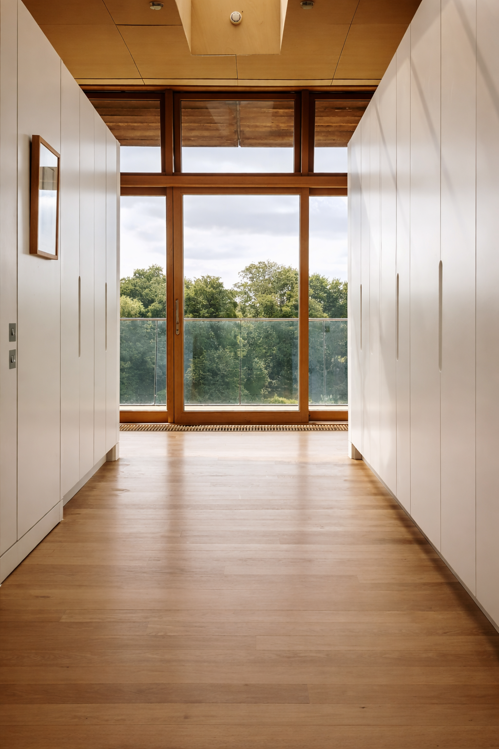 Hallway with flush storage wall and countryside view