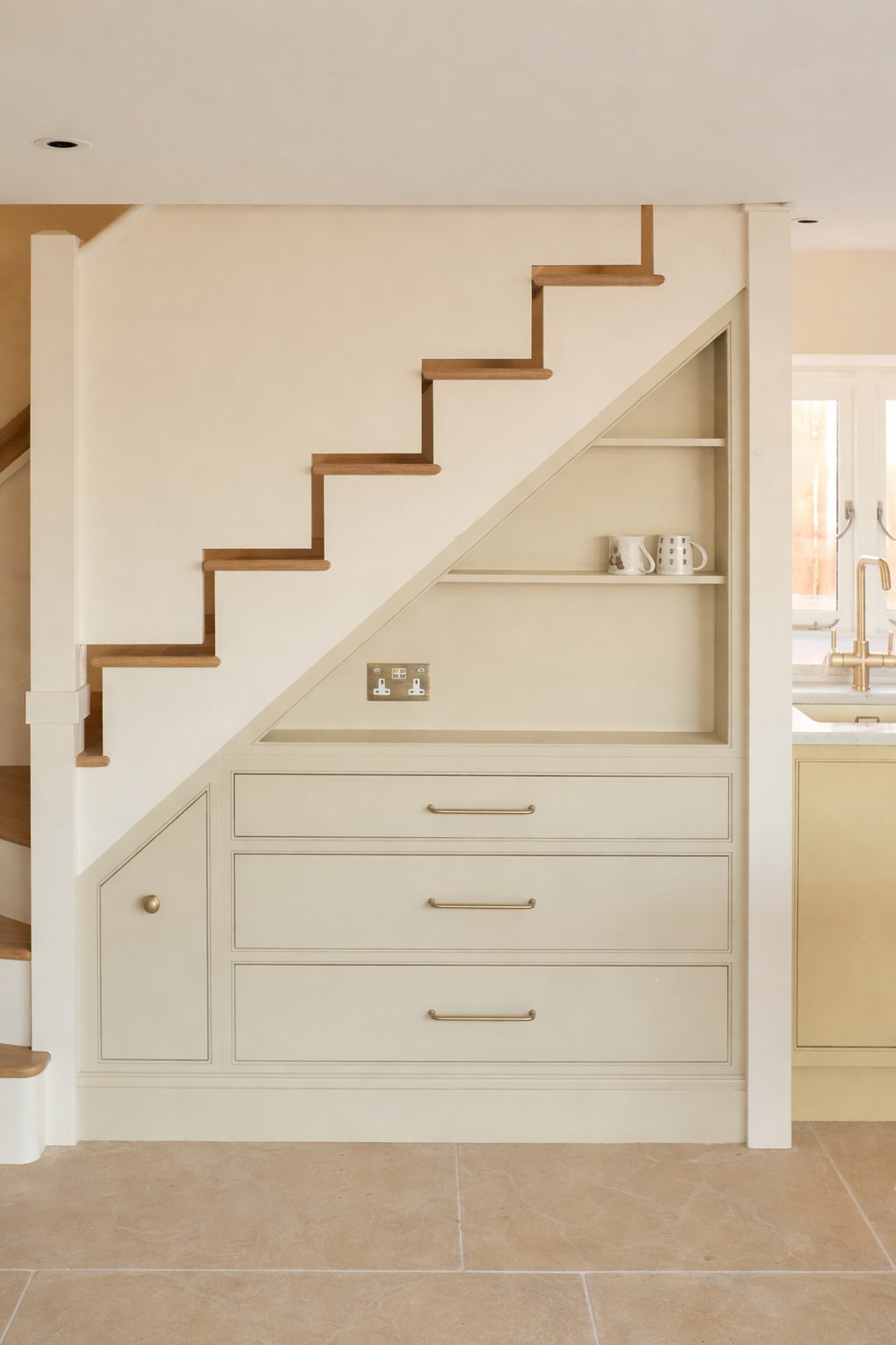 Stair joinery with shelving and drawer storage