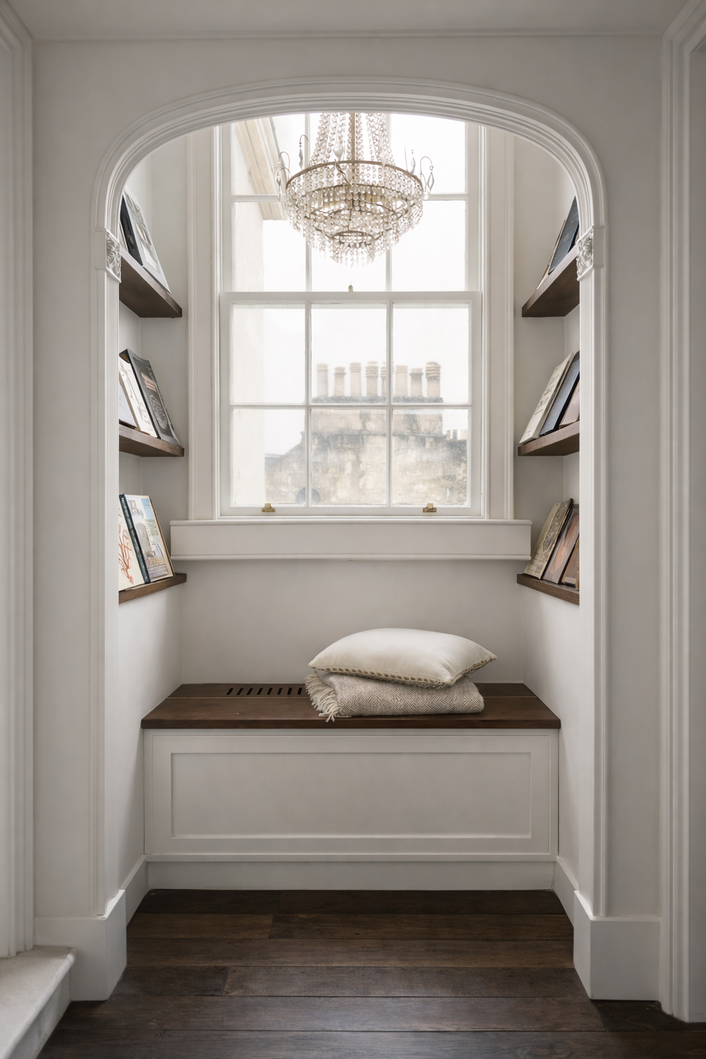Reading nook with bench seat and built-in shelving