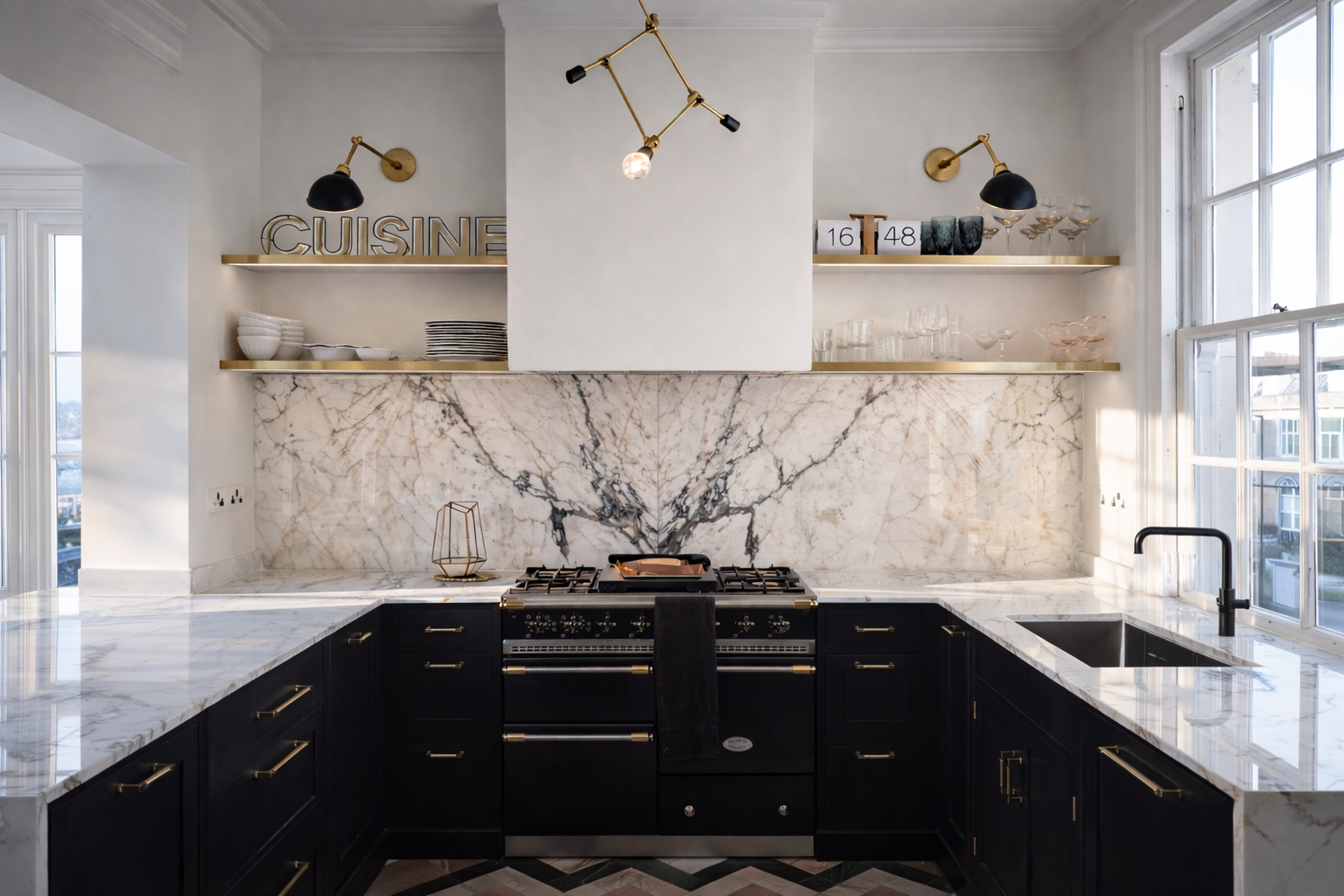 Kitchen with dark cabinetry, marble splashback and brass shelving