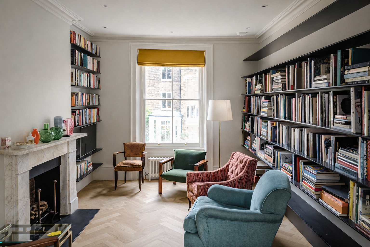 Living room library floating metal shelving