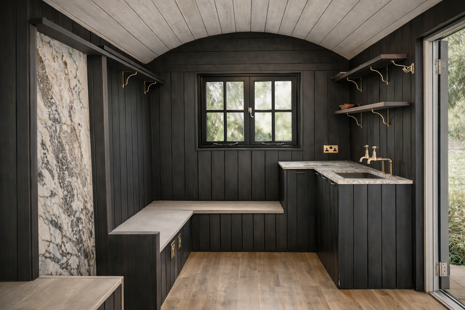 Garden shepherd hut interior with bench seating, sink and shelving