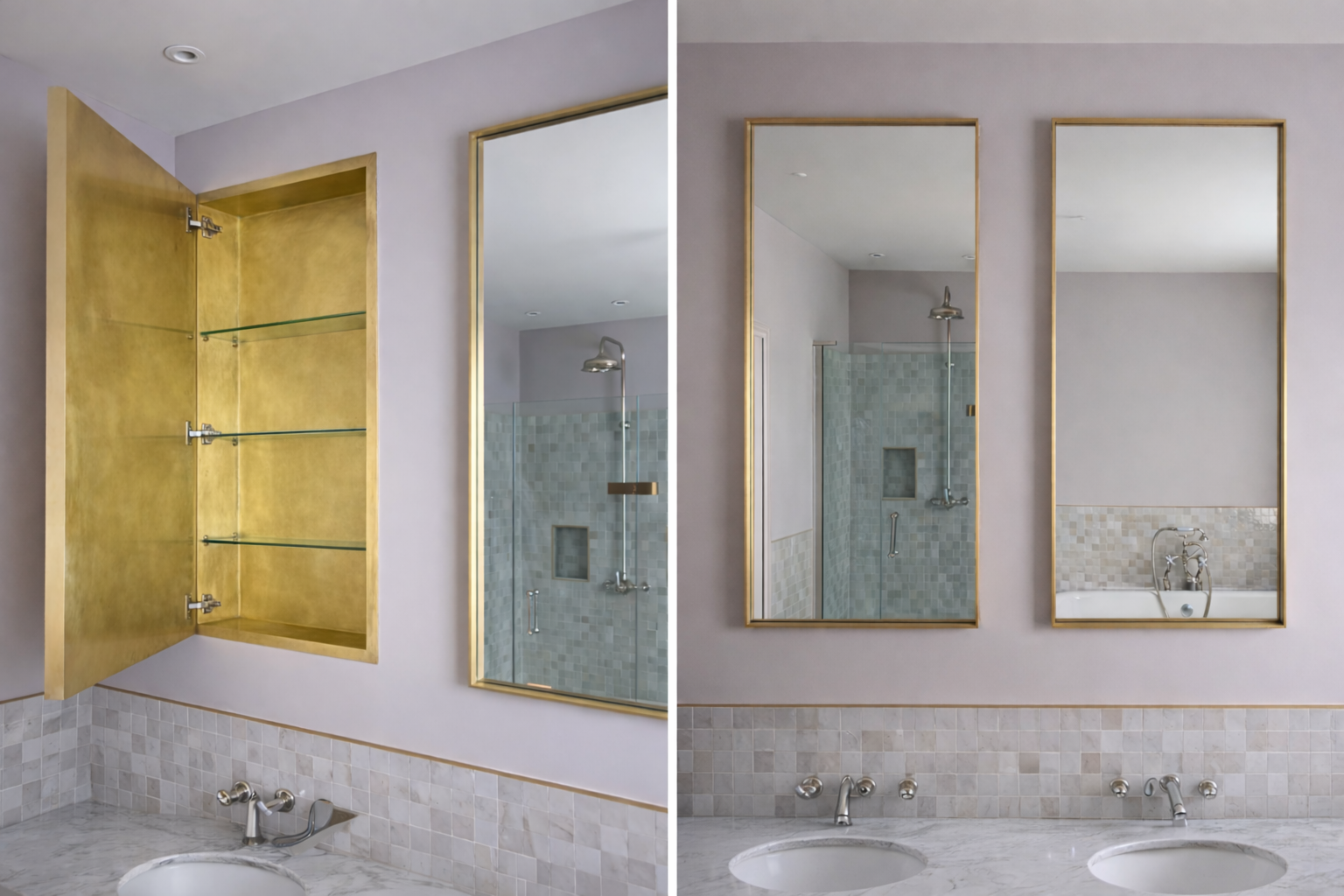 Inset bathroom mirrors and brass cabinet above marble vanity