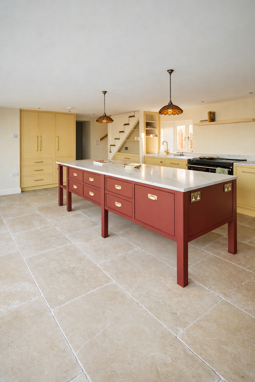 Kitchen with red island, yellow cabinetry and stair joinery
