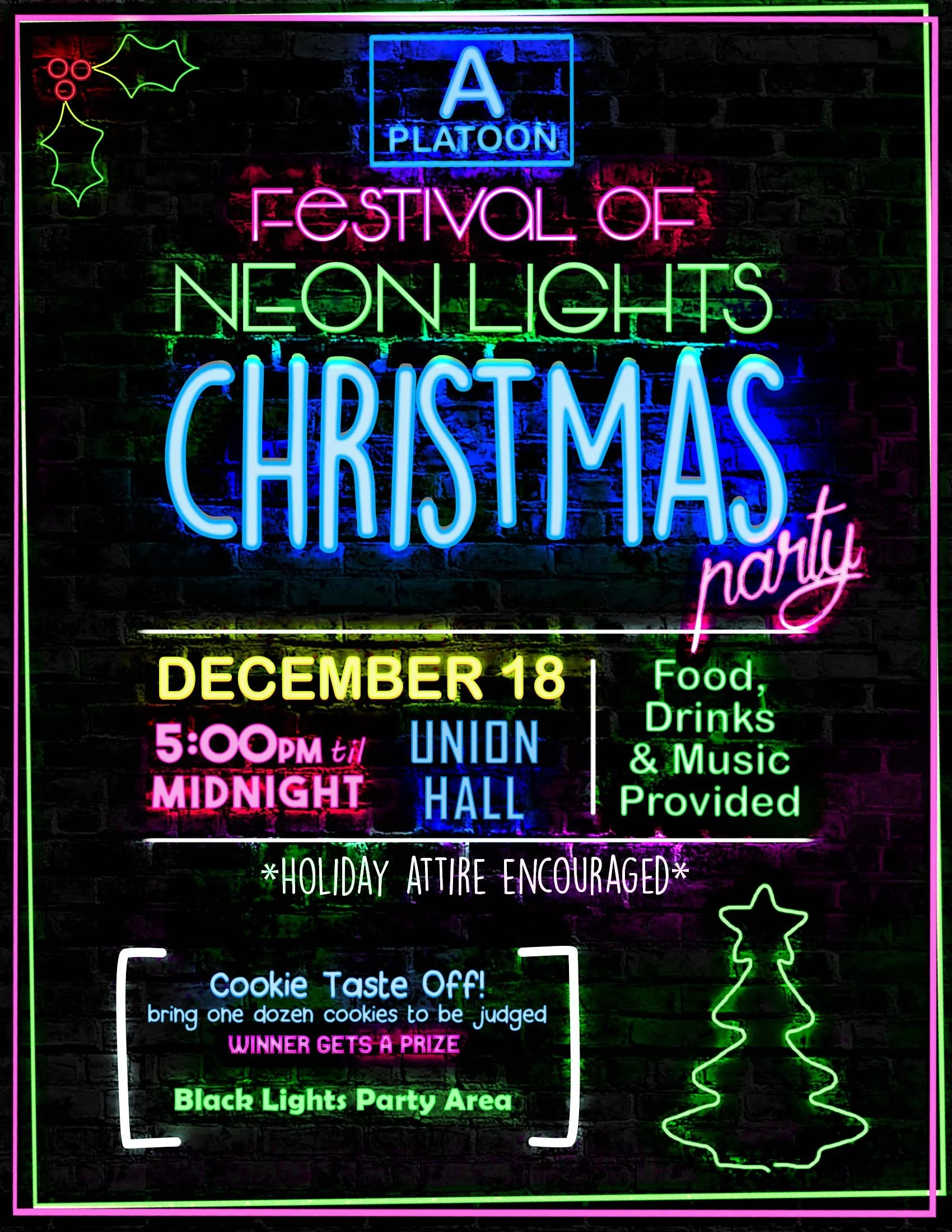 Custom flyer designed for the local fire department’s Christmas party, incorporating a glowing lights theme to create a festive and engaging look.