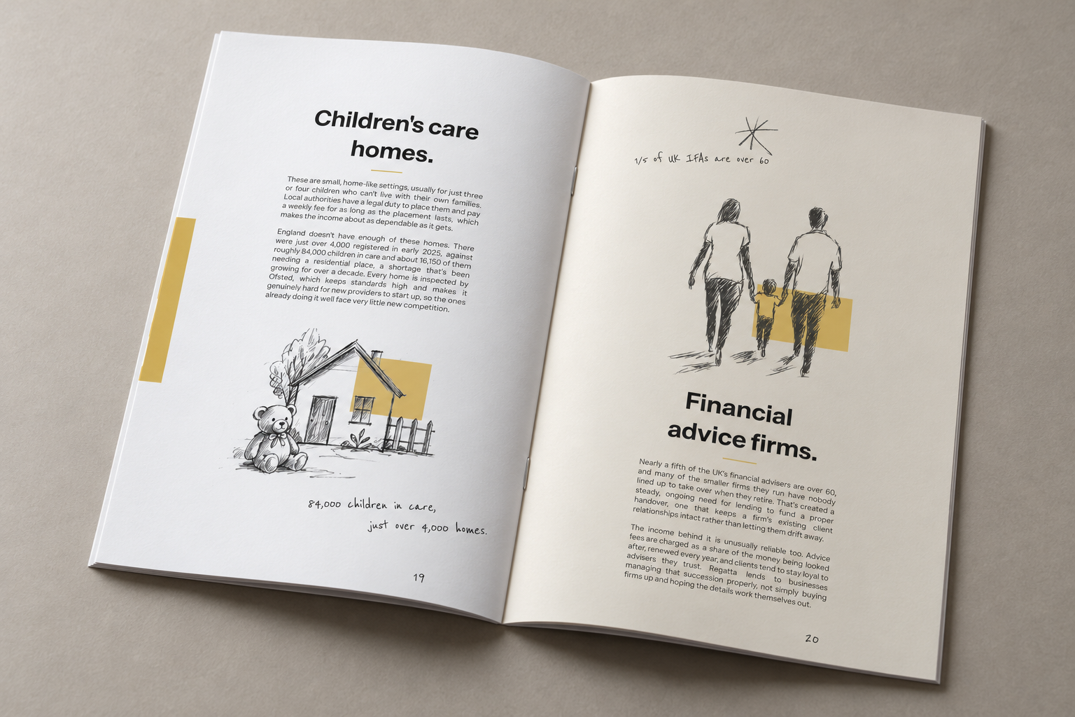 Open booklet spread about children's care homes and financial advice firms, featuring hand-drawn illustrations and yellow accents.