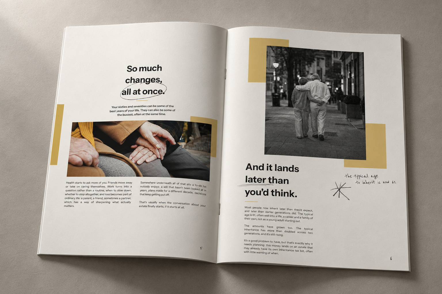Open magazine spread about aging, featuring an older couple holding hands and walking together on a city sidewalk.