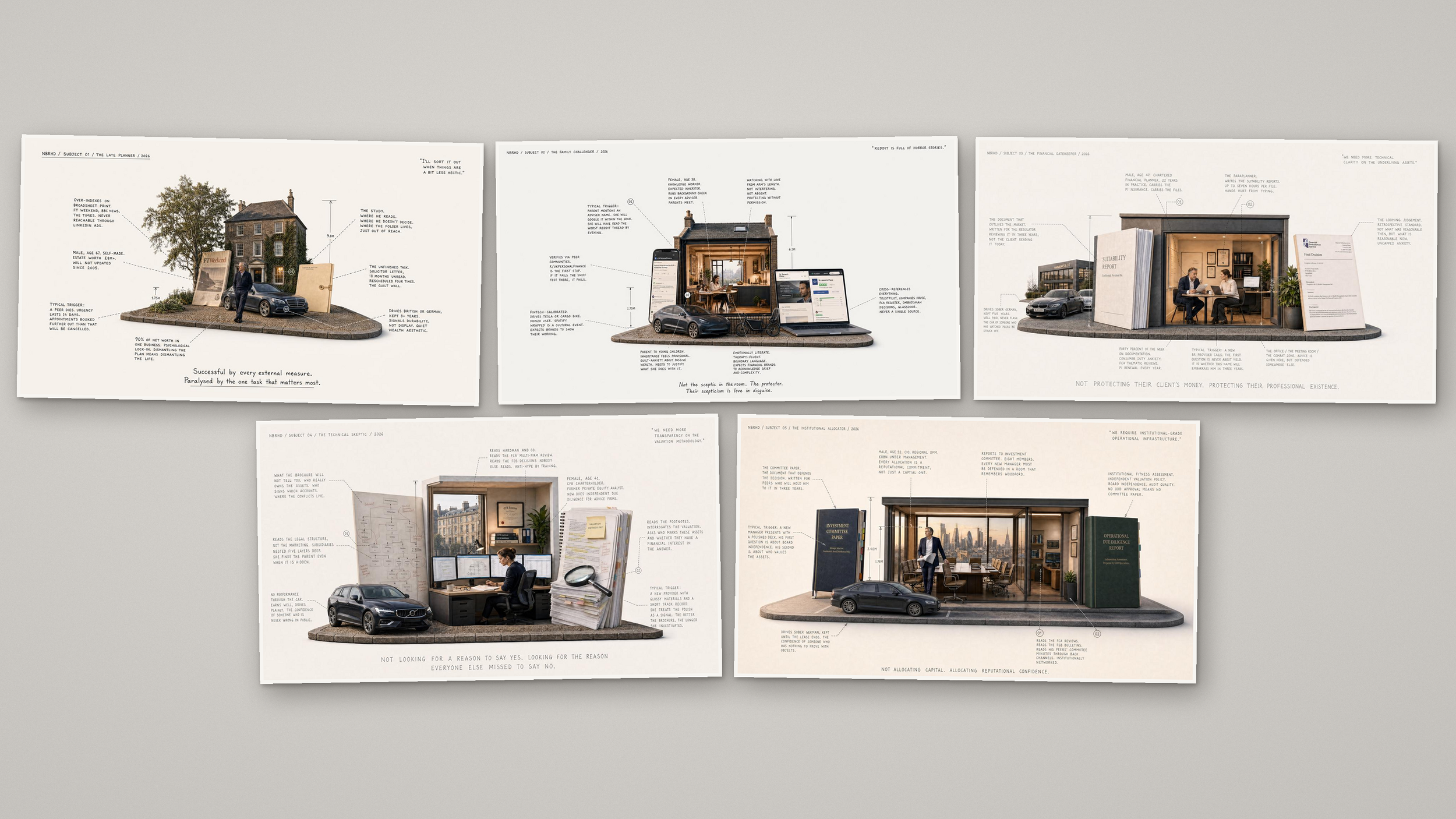 Collage of five illustrated professional profiles depicting homes, offices, cars, people, financial documents, and detailed editorial annotations.