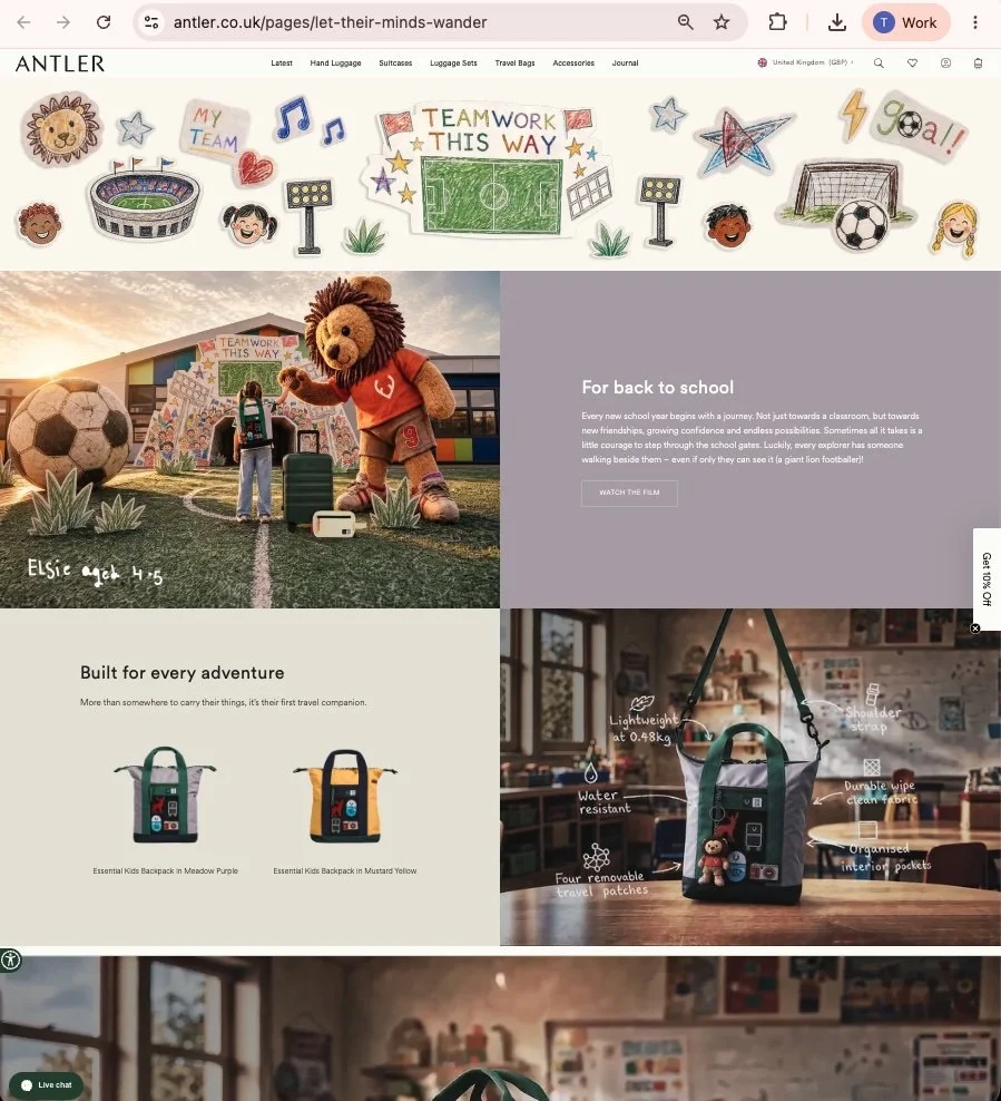 Antler back-to-school travel backpack webpage featuring soccer-themed illustrations, a teddy bear, children, and kids' backpacks