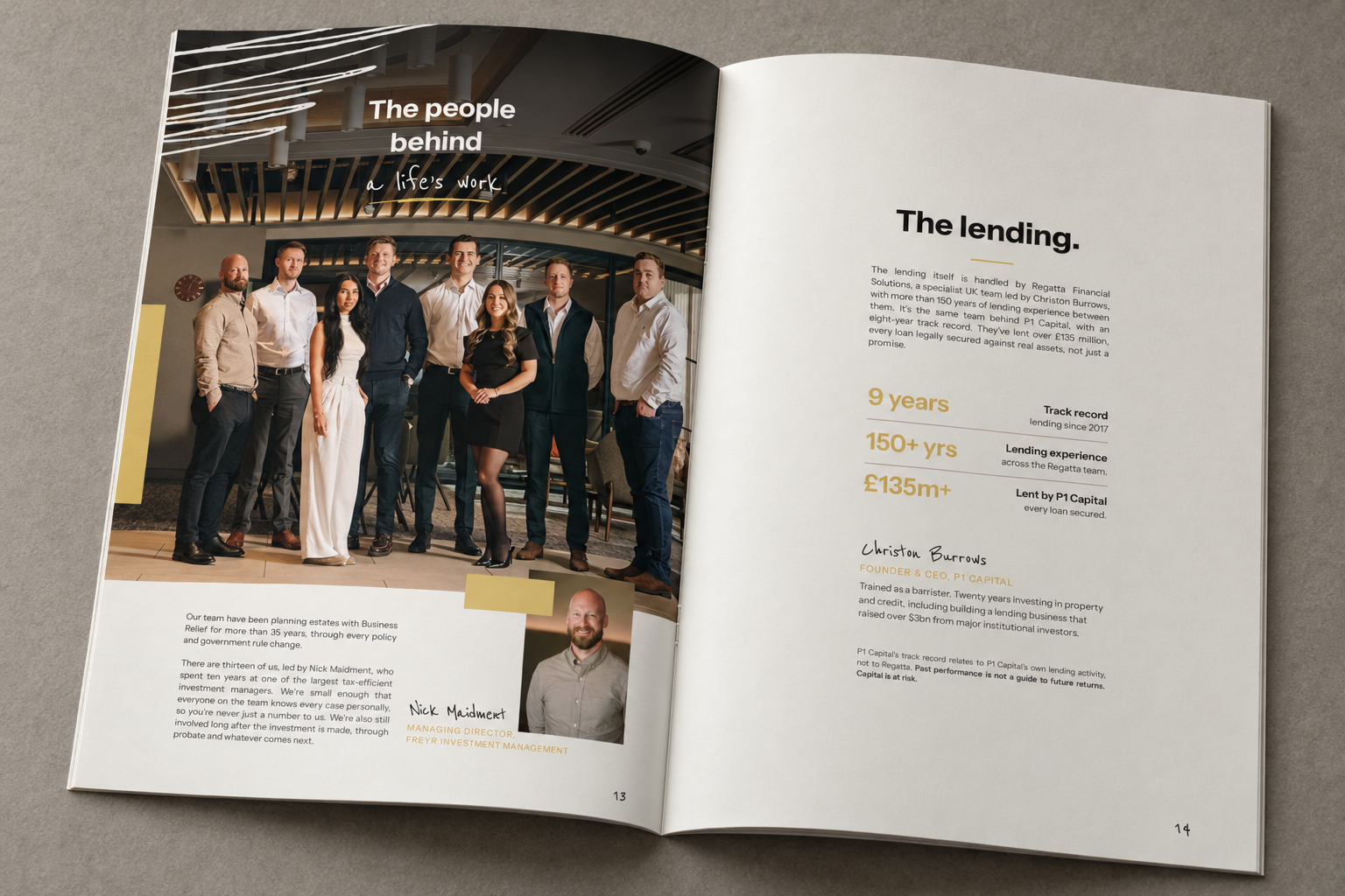 Open business brochure showing a seven-person team portrait and lending company profile with financial statistics and executive biographies.