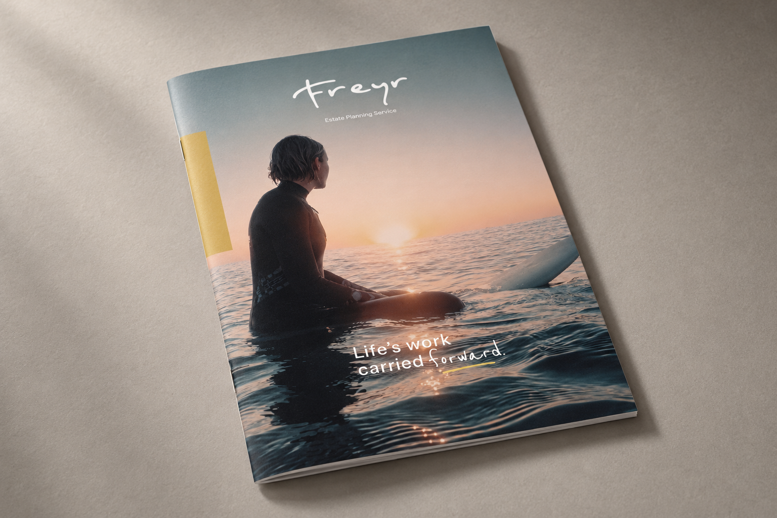 Estate planning service brochure featuring a surfer sitting in the ocean at sunset with the message “Life’s work carried forward.”