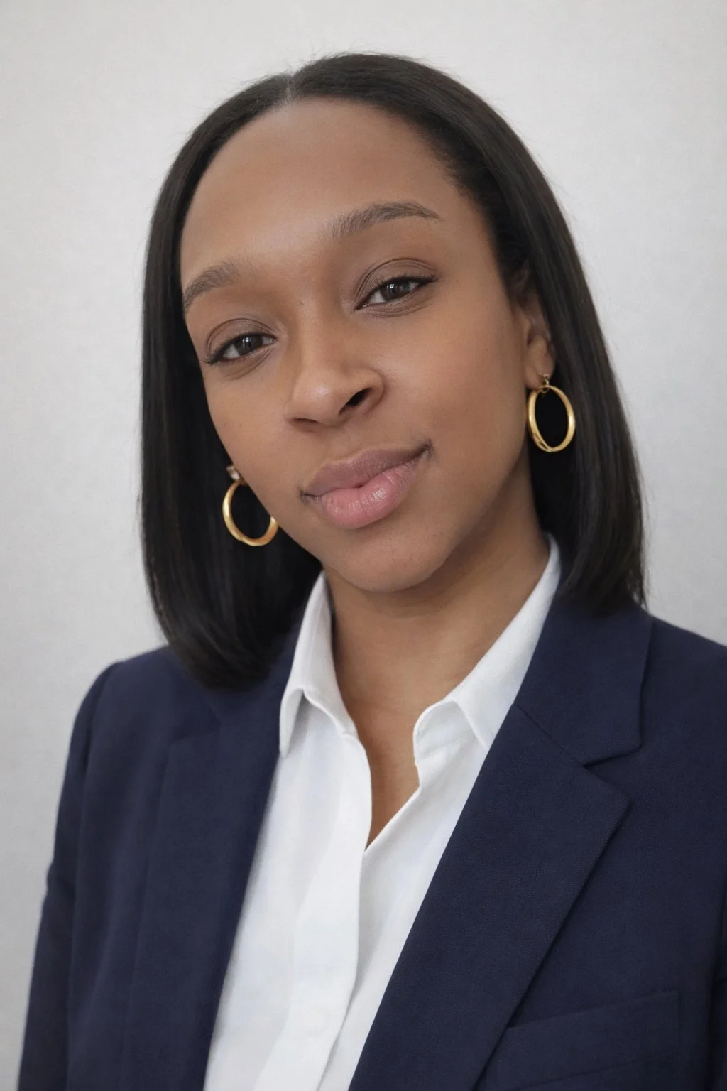 A professional woman with shoulder-length black hair, wearing a navy blazer, white shirt, and gold hoop earrings, posing against a plain light background.