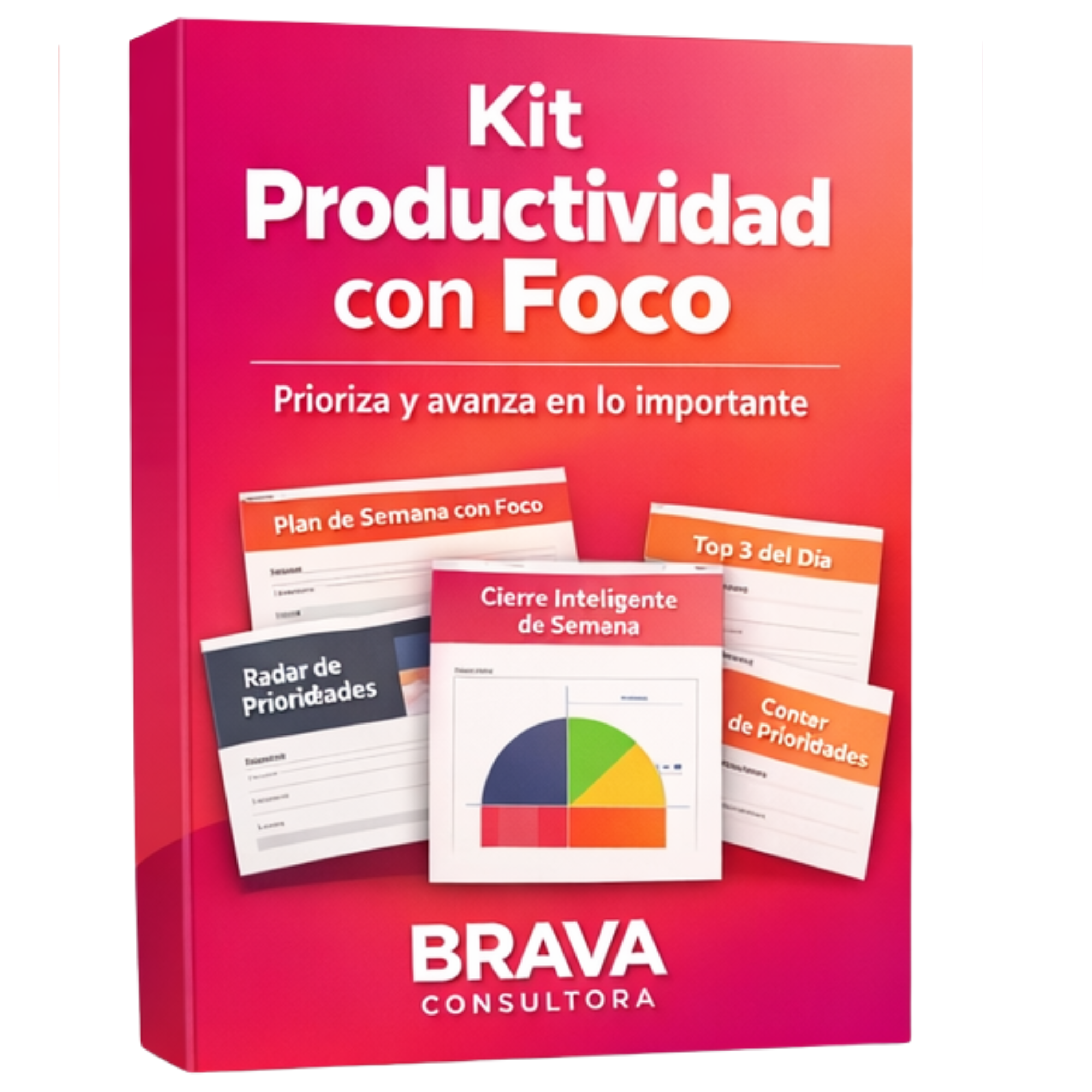 Paquete de un kit de productividad con enfoque, con varias hojas y planificaciones para priorizar, avanzar en tareas importantes, y organizar de manera inteligente la semana y las prioridades, publicado por Brava Consultora.