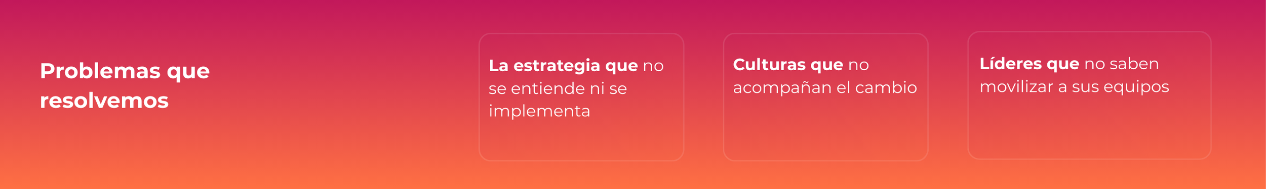 Lista de problemas que resolvemos, incluyendo estrategias mal entendidas, culturas que no acompañan el cambio y líderes que no movilizan a sus equipos.