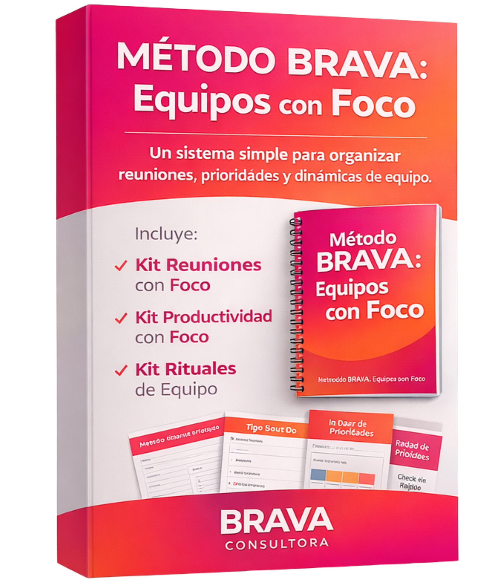Paquete del método Brava con temas de organización de reuniones y equipos, incluye kits de reuniones, productividad y rituales de equipo, con ejemplos de formatos y hojas de trabajo en la portada.
