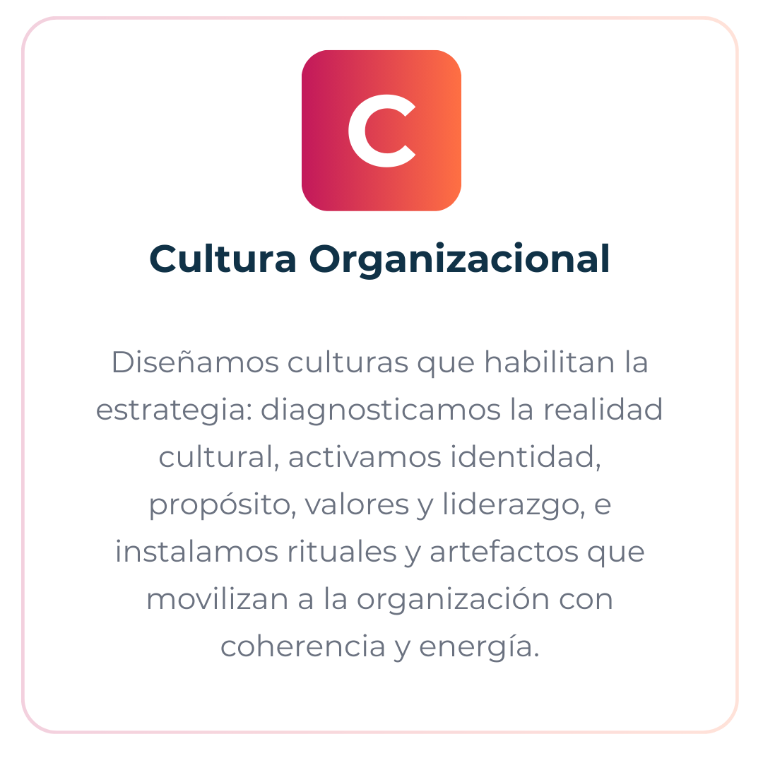 Cultura Organizacional, se diseñan culturas que habilitan la estrategia, activando identidad, propósito, valores y liderazgo, e instalando rituales y artefactos para movilizar a la organización con coherencia y energía.