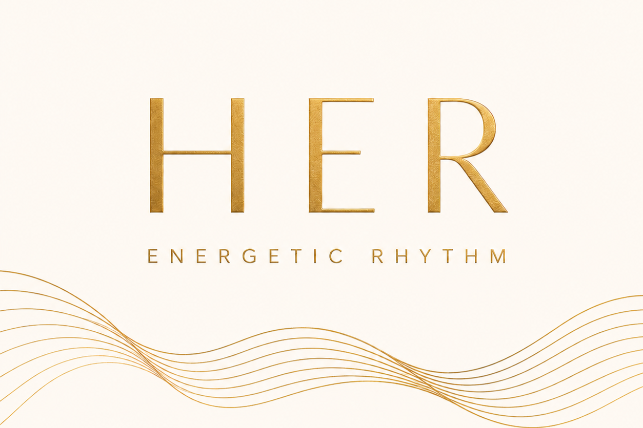 Golden text reads "HER" with the subtitle "ENERGETIC RHYTHM" and gold wave lines at the bottom on a white background.