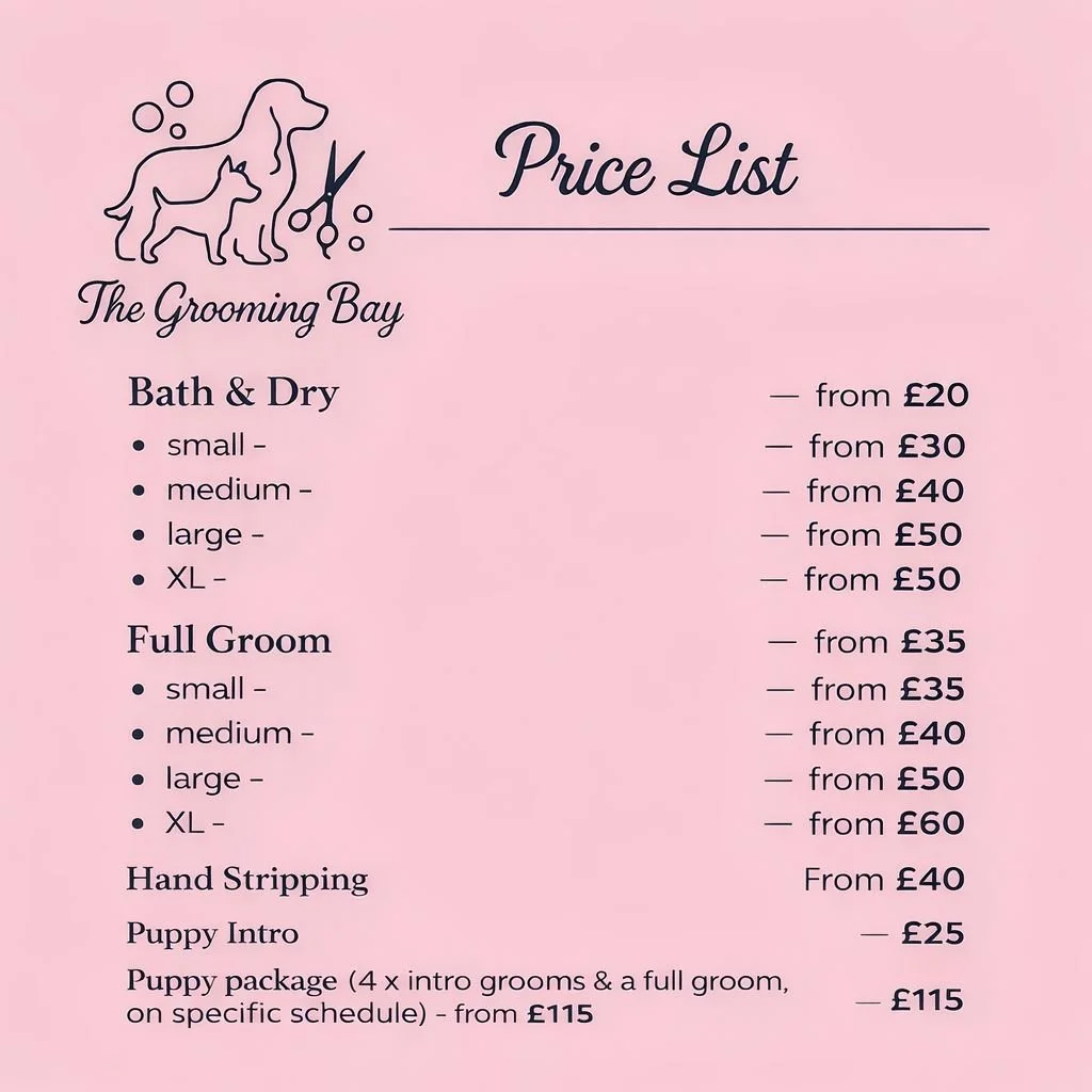 Pink price list for grooming services at The Grooming Bay, including bath & dry, full groom, hand stripping, puppy intro, and puppy packages, with prices ranging from £20 to £115.