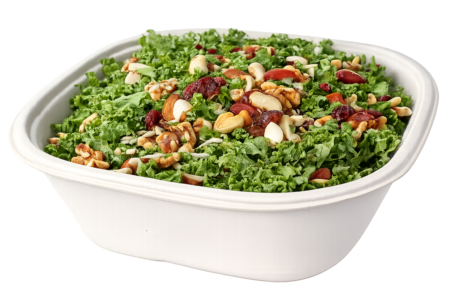 A bowl of chopped kale salad topped with mixed nuts and dried cranberries.