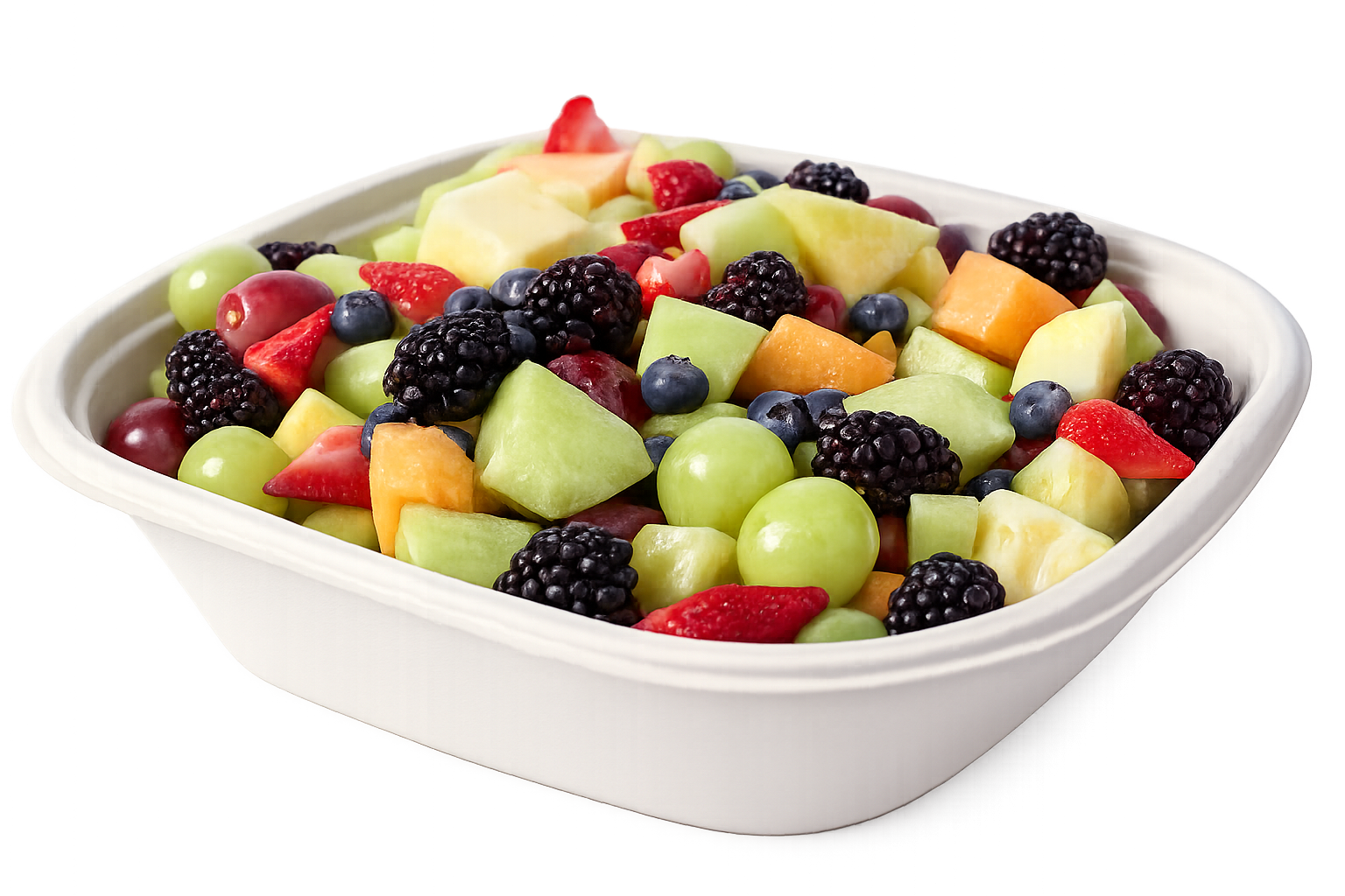 A bowl filled with assorted fresh fruit, including blackberries, blueberries, green and red grapes, honeydew, cantaloupe, pineapple chunks, and watermelon pieces.