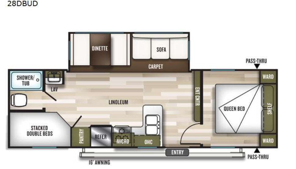 Floor plan of a travel trailer with a queen bed, storage shelves, wardrobe, a living area with a sofa and dinette, a kitchen with a microwave, refrigerator, and sink, a stacked double beds, bathroom with shower and toilet, and an entry with a 16-foot