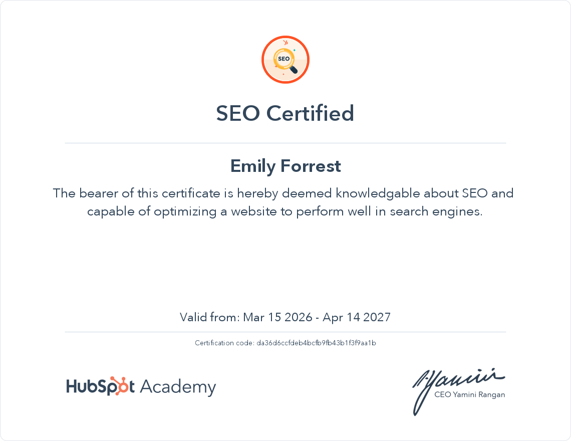 SE0 Certified diploma for Emily Forrest from HubSpot Academy, signed by CEO Yamini Rangan, valid from March 15, 2026 to April 14, 2027.