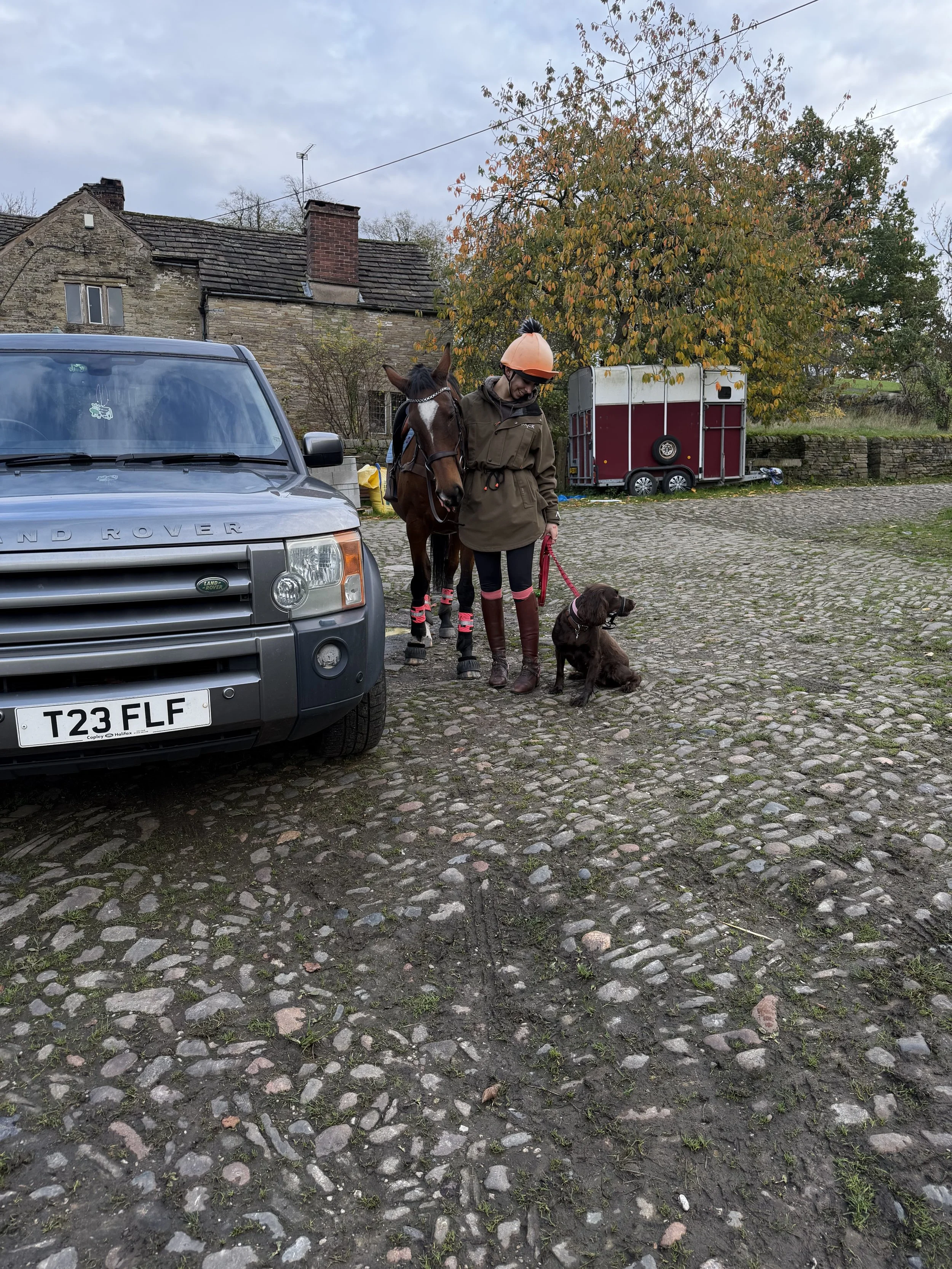 Woman standing with a horse and a dog on a cobblestone surface, next to a Land Rover vehicle, with a trailer and trees in the background.