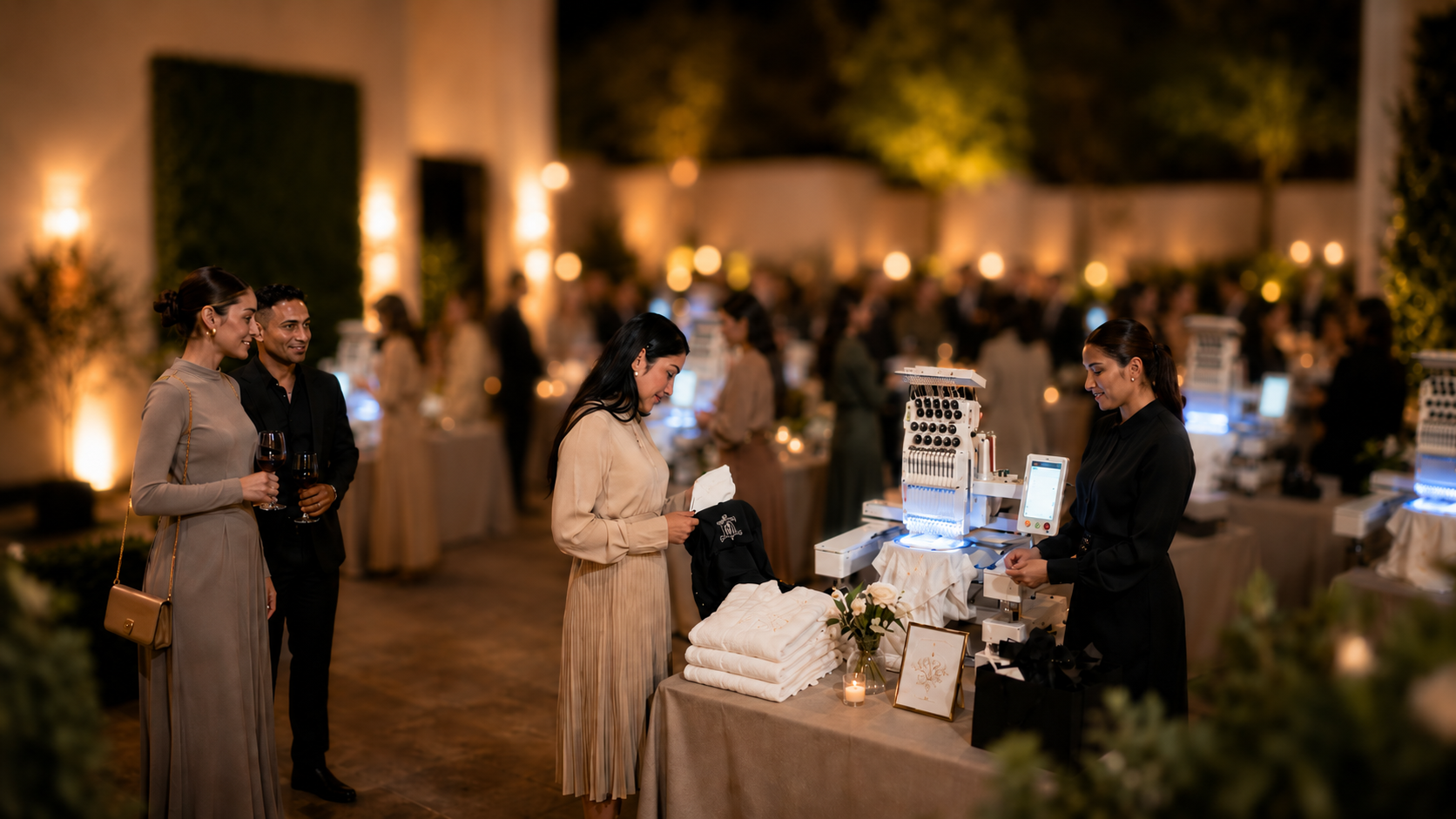 Guests at an outdoor, evening event are ordering at a cotton candy stand, with a server preparing cotton candy. Two guests are holding glasses of wine, smiling and chatting. The scene is illuminated with warm lighting and decorative lights, with tables and guests in the background.
