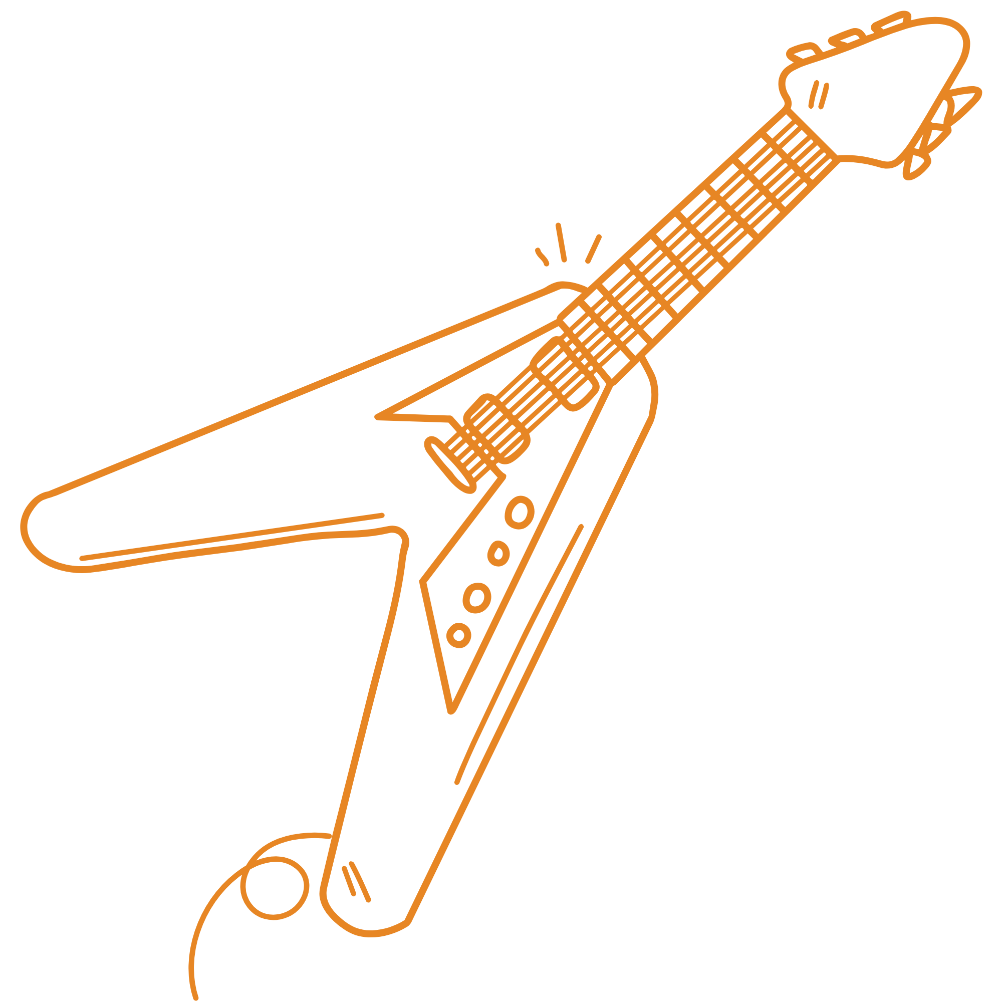 Outline drawing of a hand holding a large syringe with a needle, depicted in orange lines.