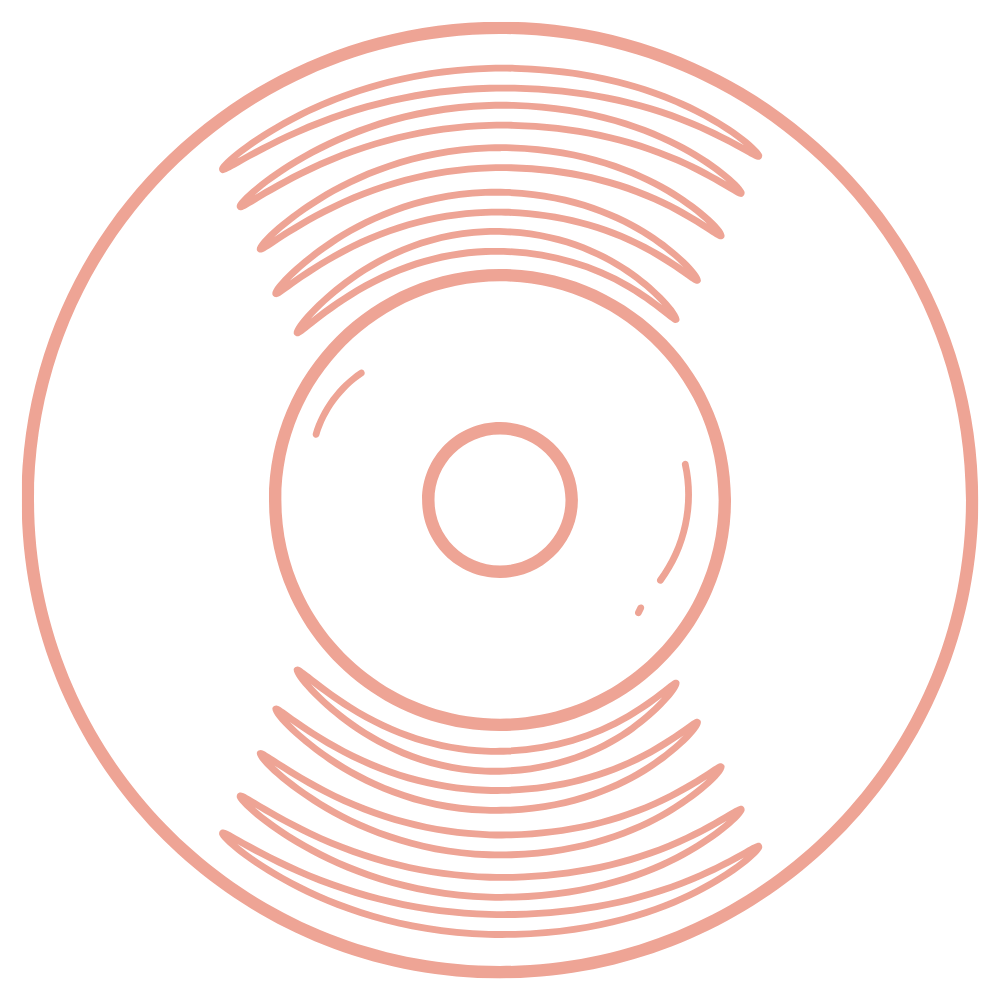 Stylized pink record with concentric circles and grooves on a black background.