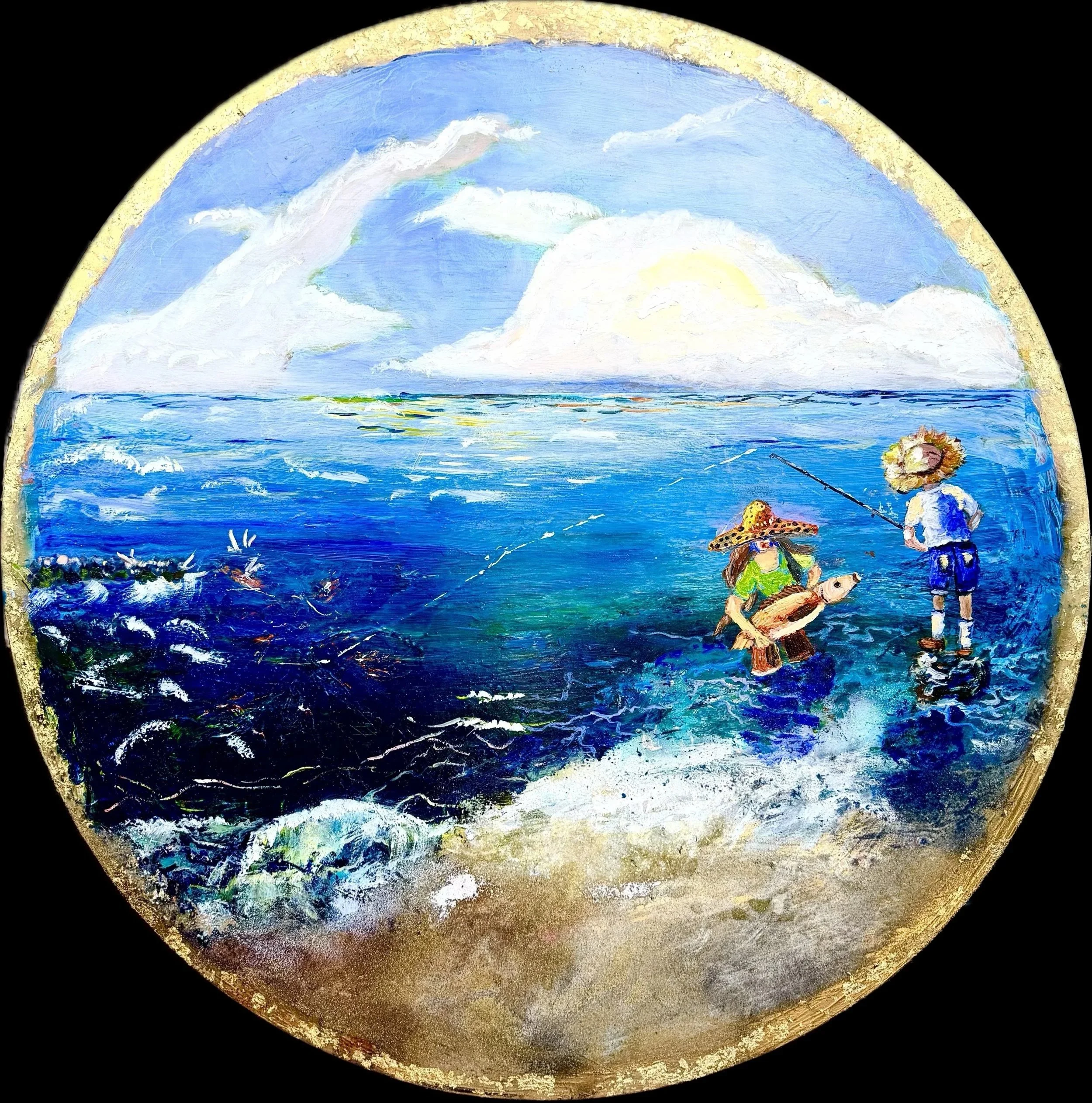 First Catch 
36’ round 
Acrylic, Oil and mixed media on Canvas
Available to private collection
