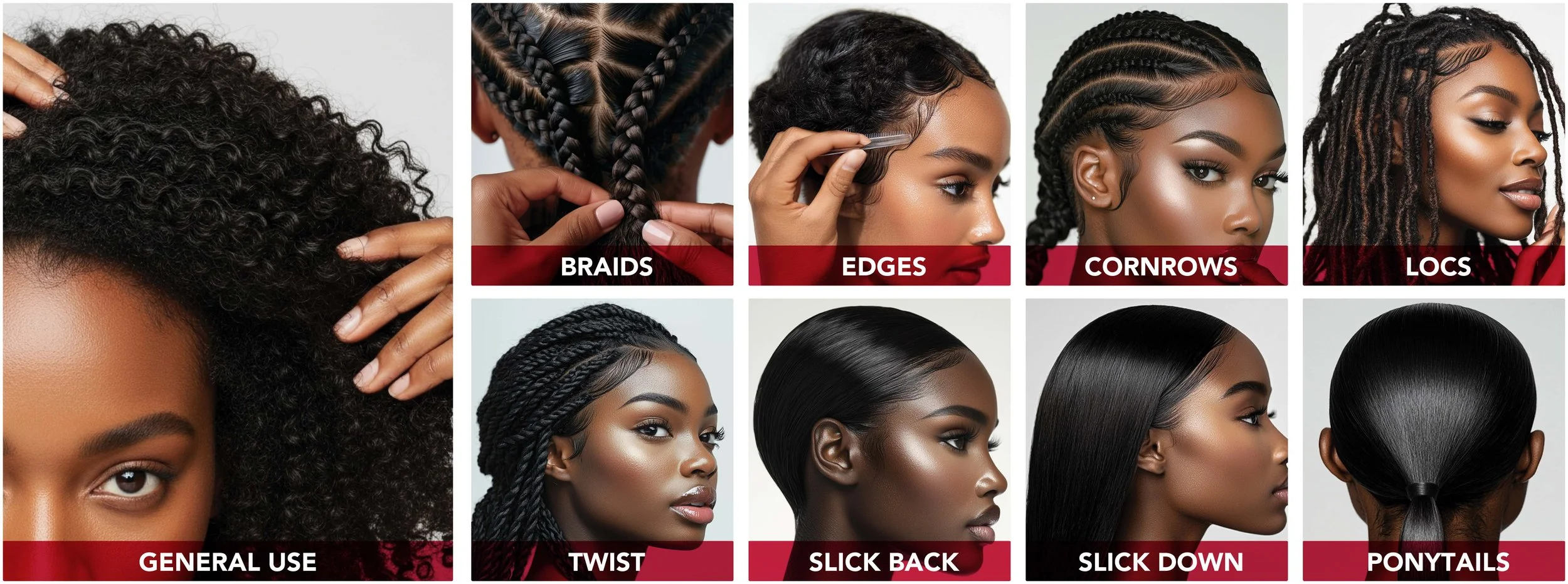 Guide to different black hairstyles, showing various styles such as braids, edges, cornrows, locs, twists, slick back, slick down, and ponytails with photos of women demonstrating each style.