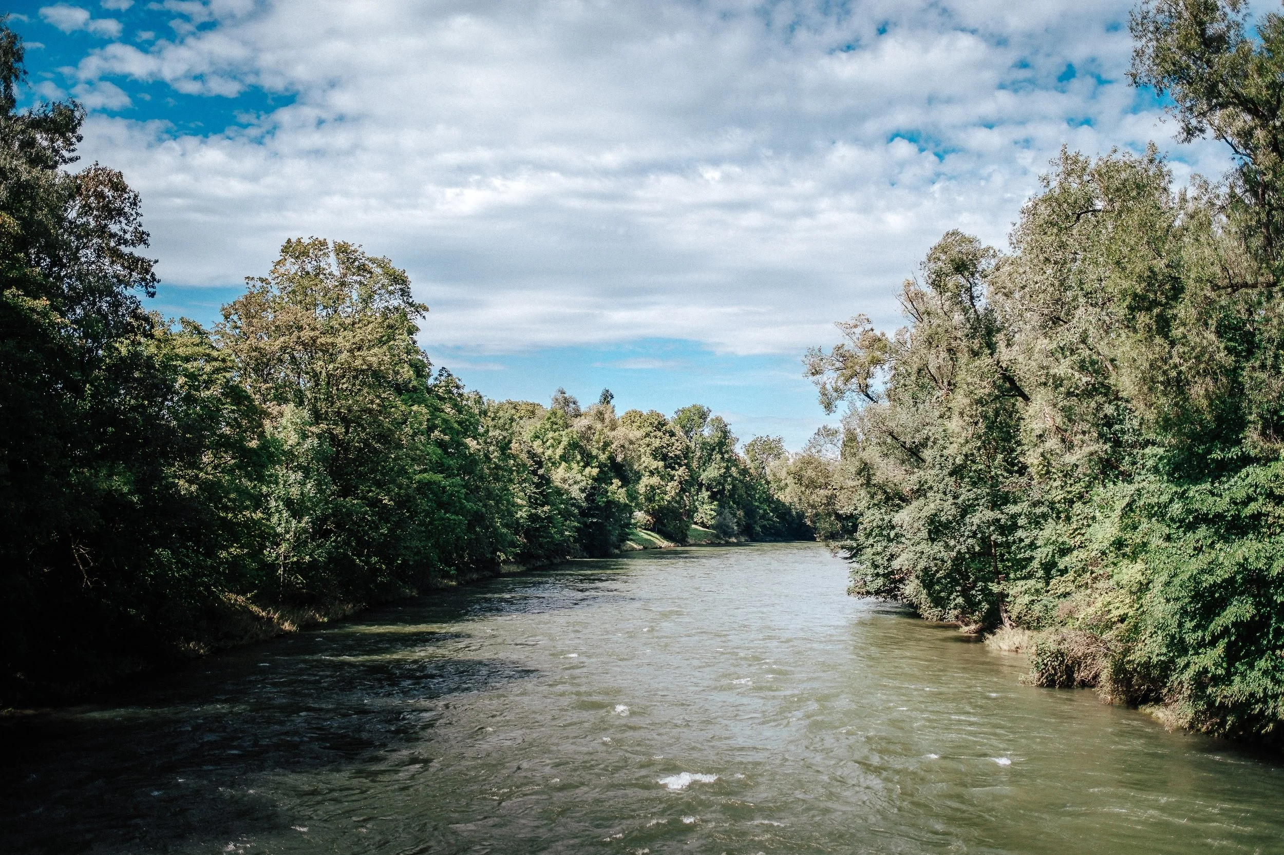 Ein Fluss, umgeben von üppigen grünen Bäumen, unter einem bewölkten Himmel.