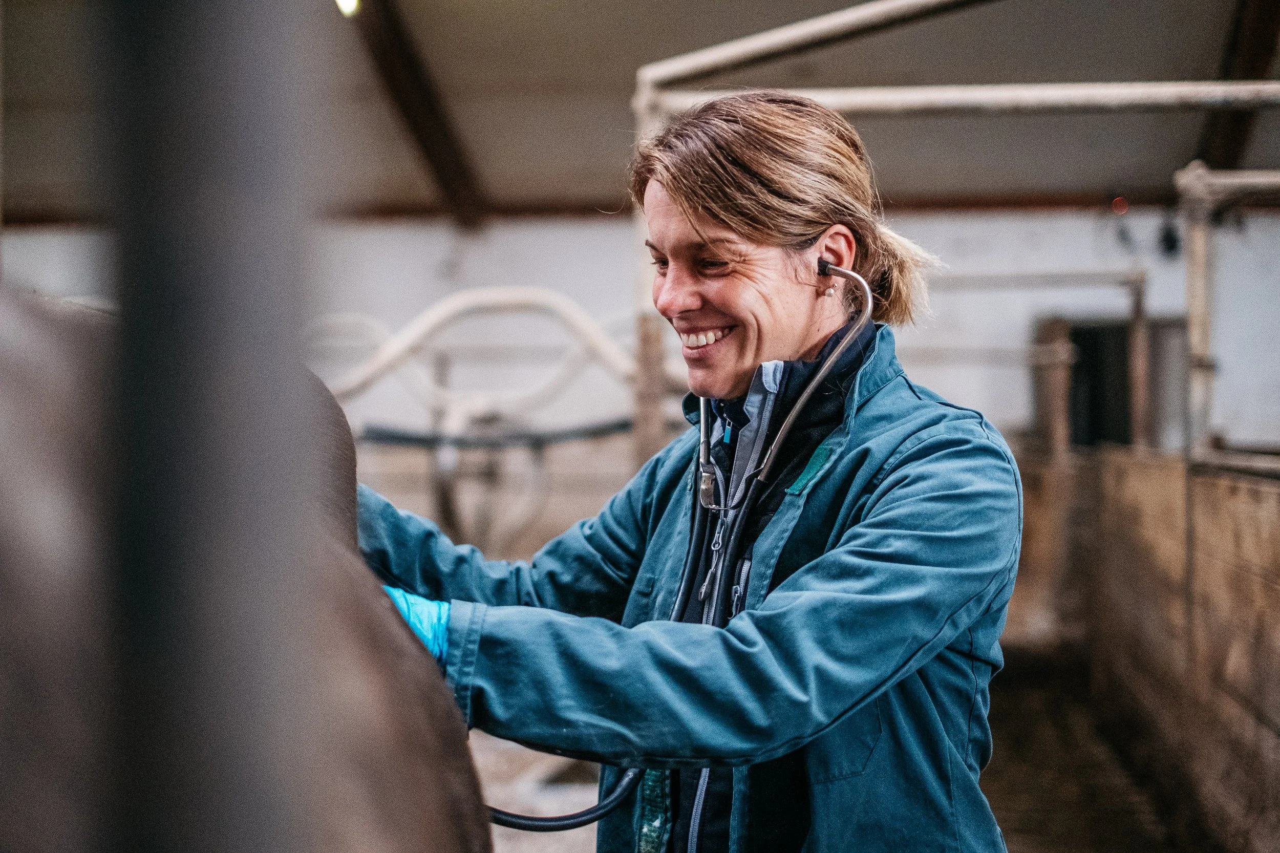 Eine Frau arbeitet in einem Stall, trägt eine blaue Jacke und einen Stethoskop um den Hals, lächelt.
