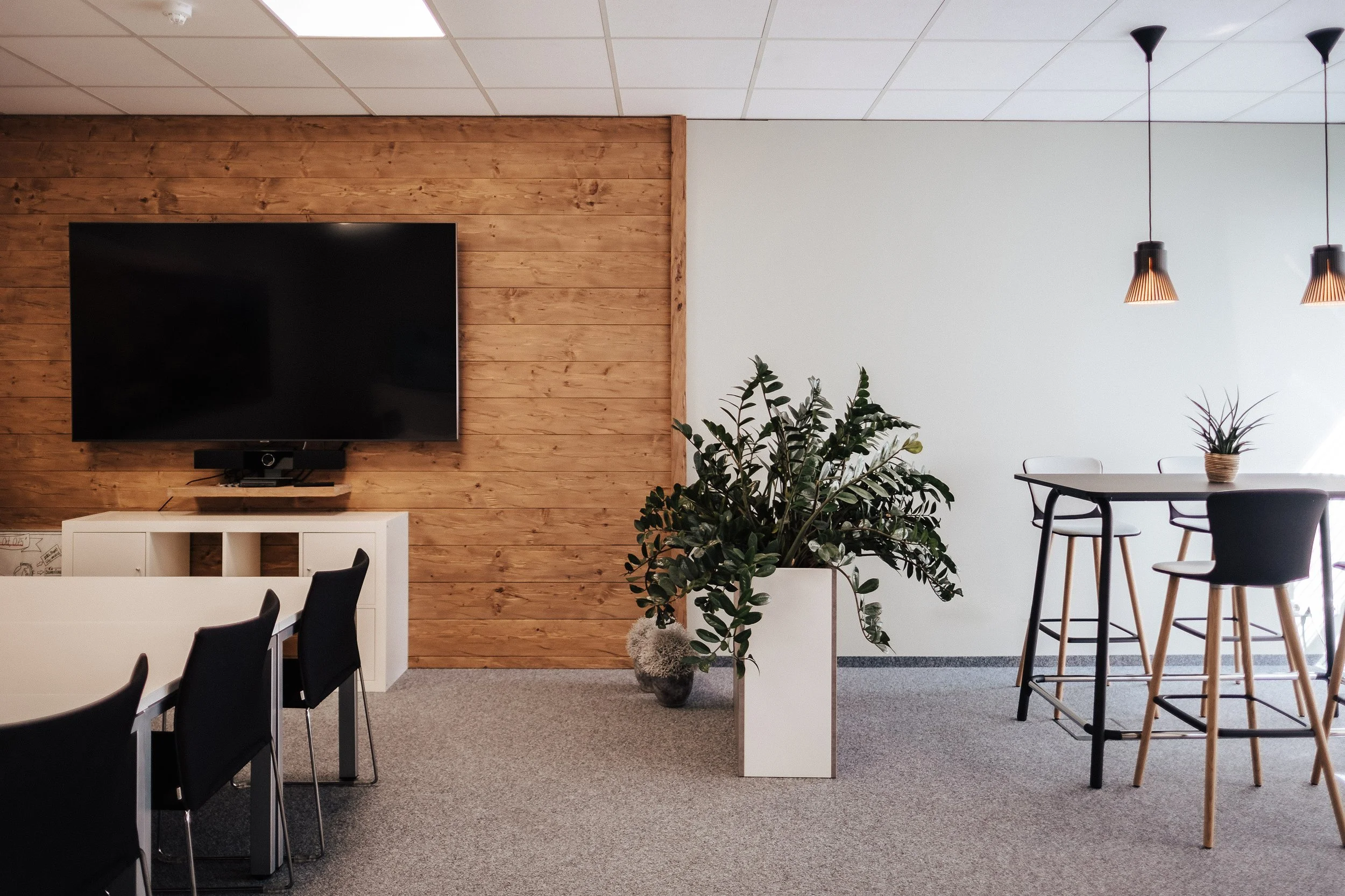 Moderner Empfangsbereich mit Holzwand, Fernseher, Pflanzen, schwarzen und weißen Möbeln sowie Hängeleuchten.